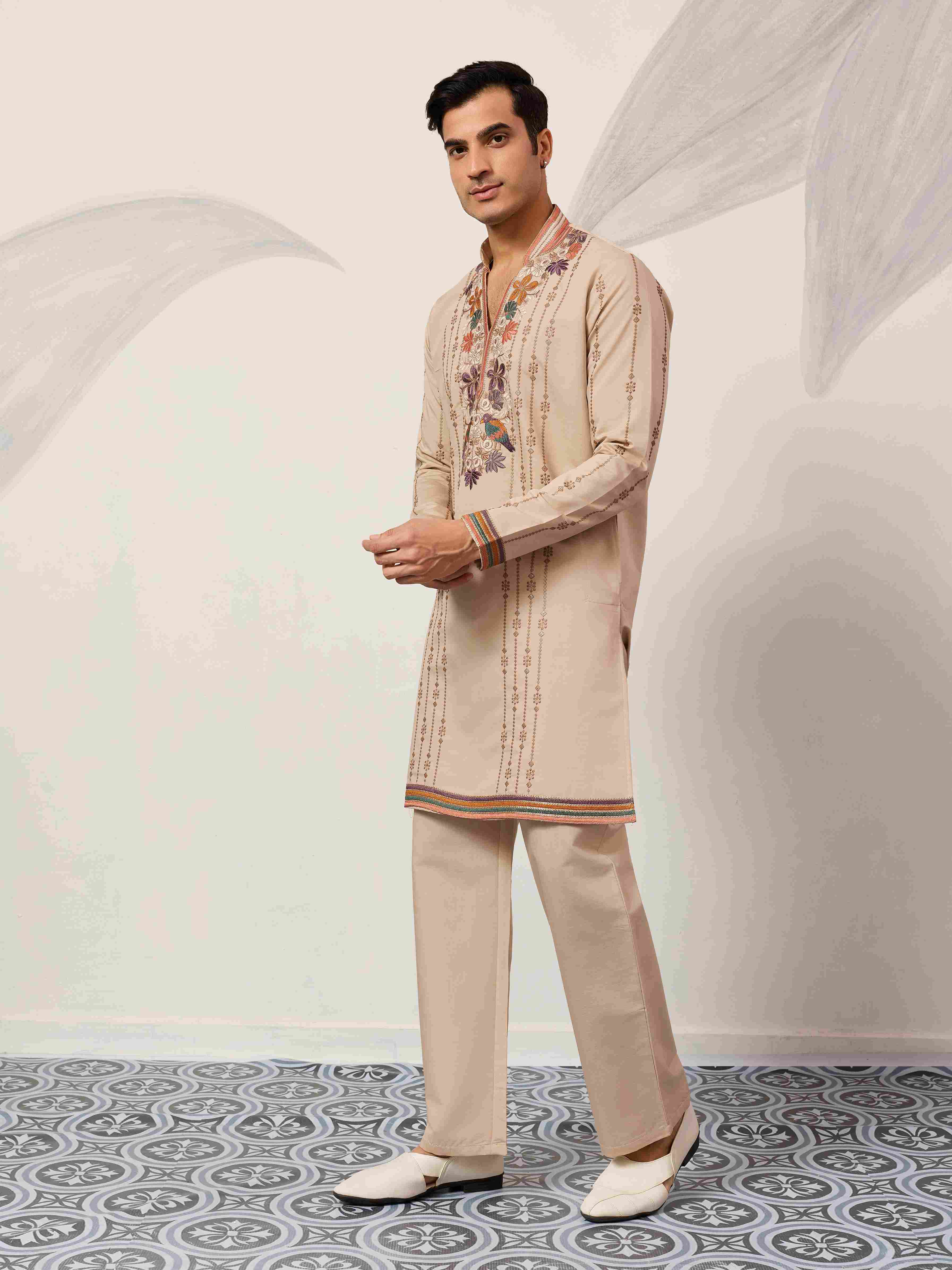 Kurta Premium Beige Embroidered V Neck Kurta Pant Set