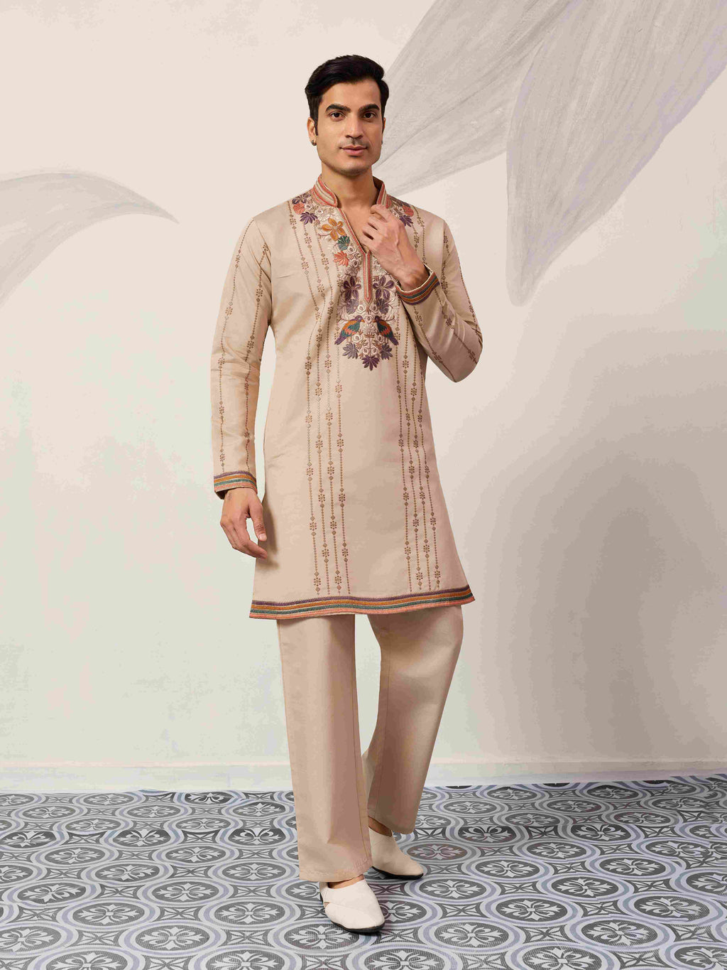 Kurta Premium Beige Embroidered V Neck Kurta Pant Set