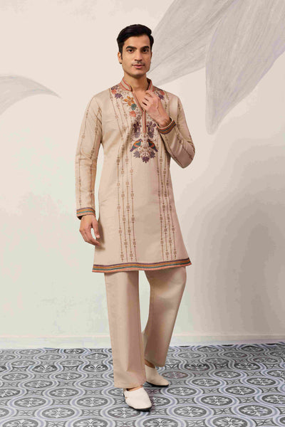Kurta Premium Beige Embroidered V Neck Kurta Pant Set