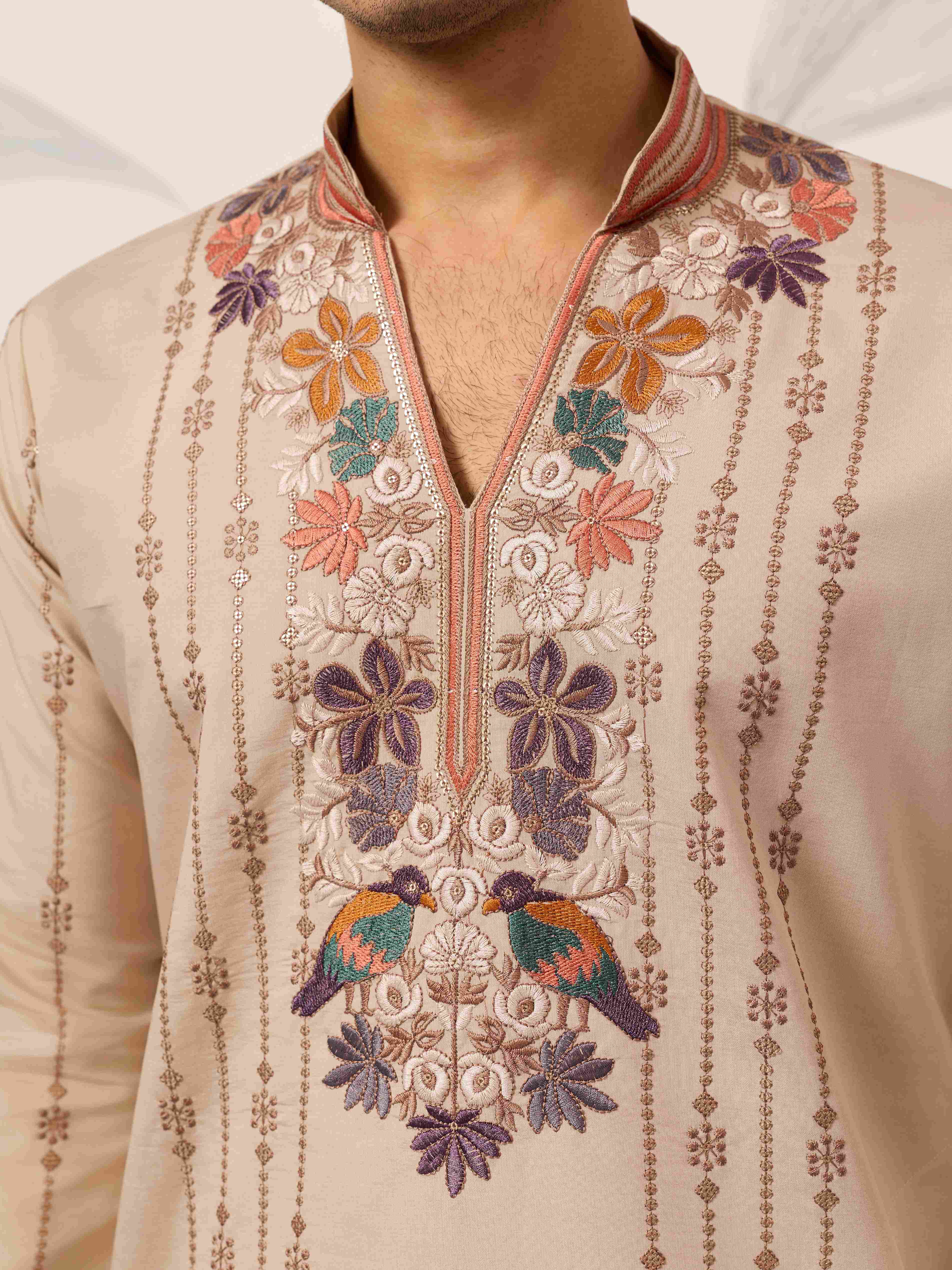 Kurta Premium Beige Embroidered V Neck Kurta Pant Set