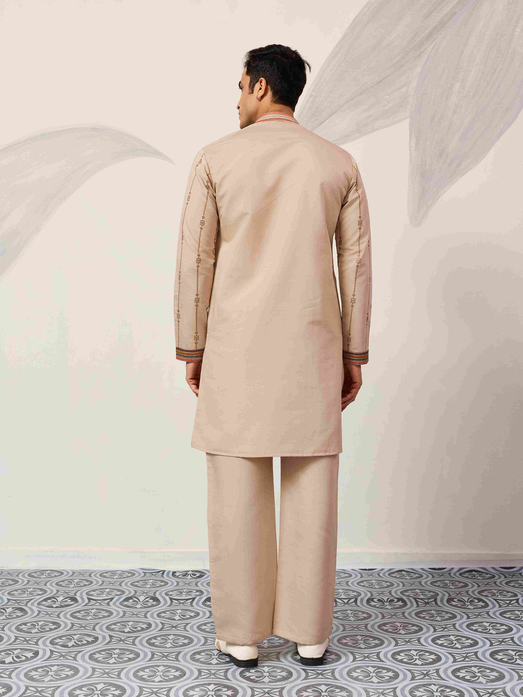 Kurta Premium Beige Embroidered V Neck Kurta Pant Set