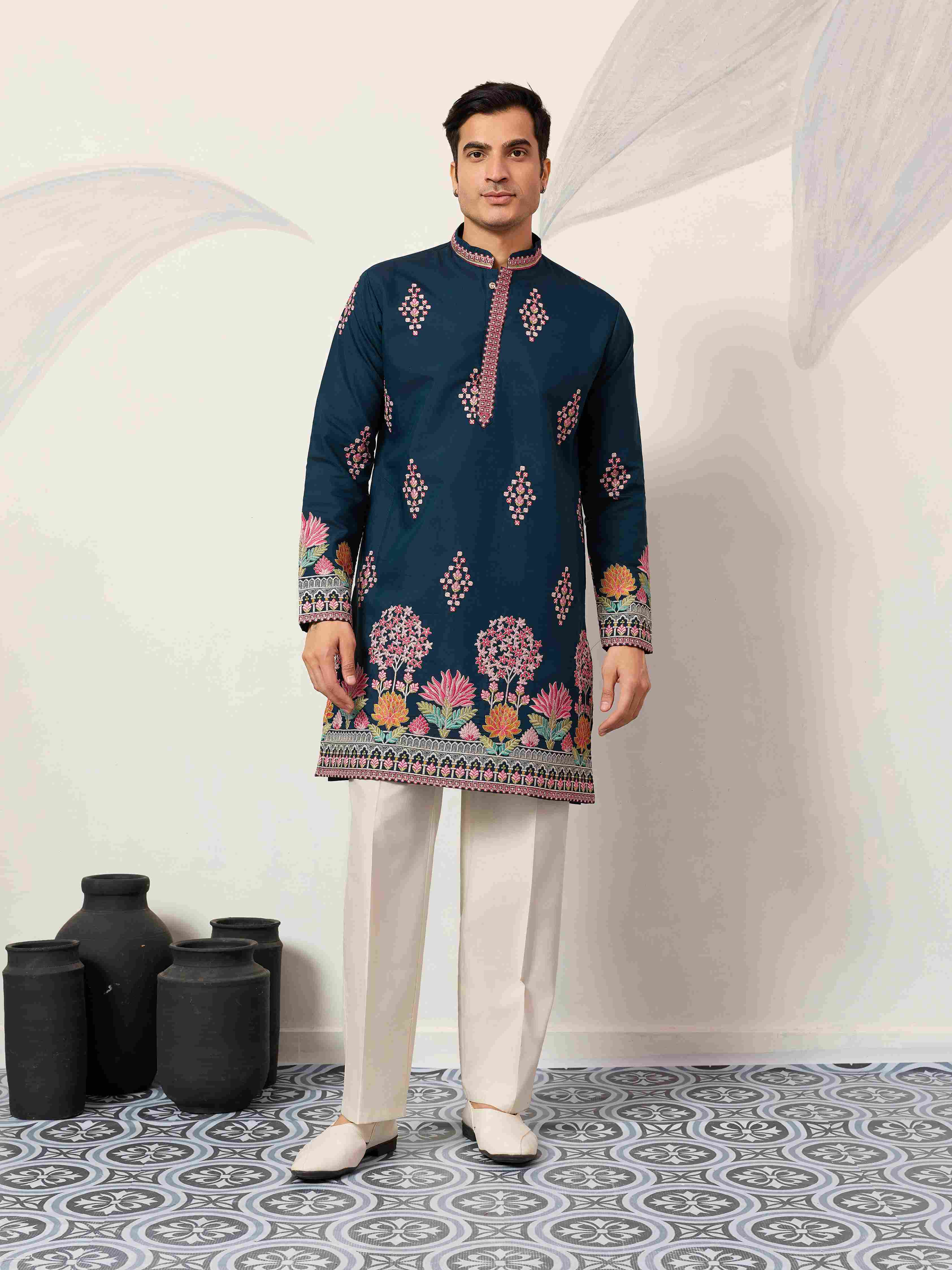 Indian Wedding Style Exclusive Teal Blue Kurta for Mens