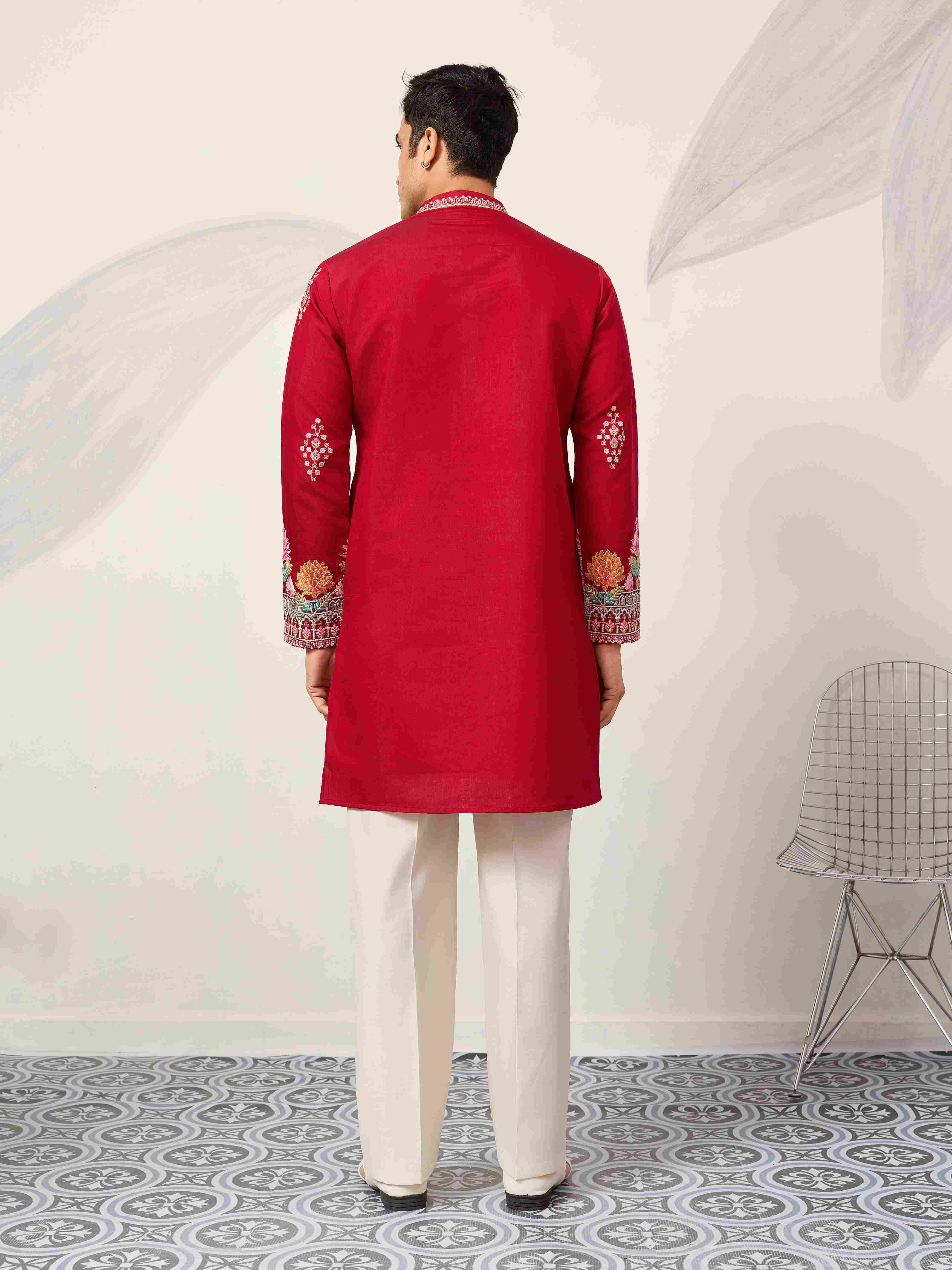Unique Style Red Color Embroidered Kurta for Mens Wear