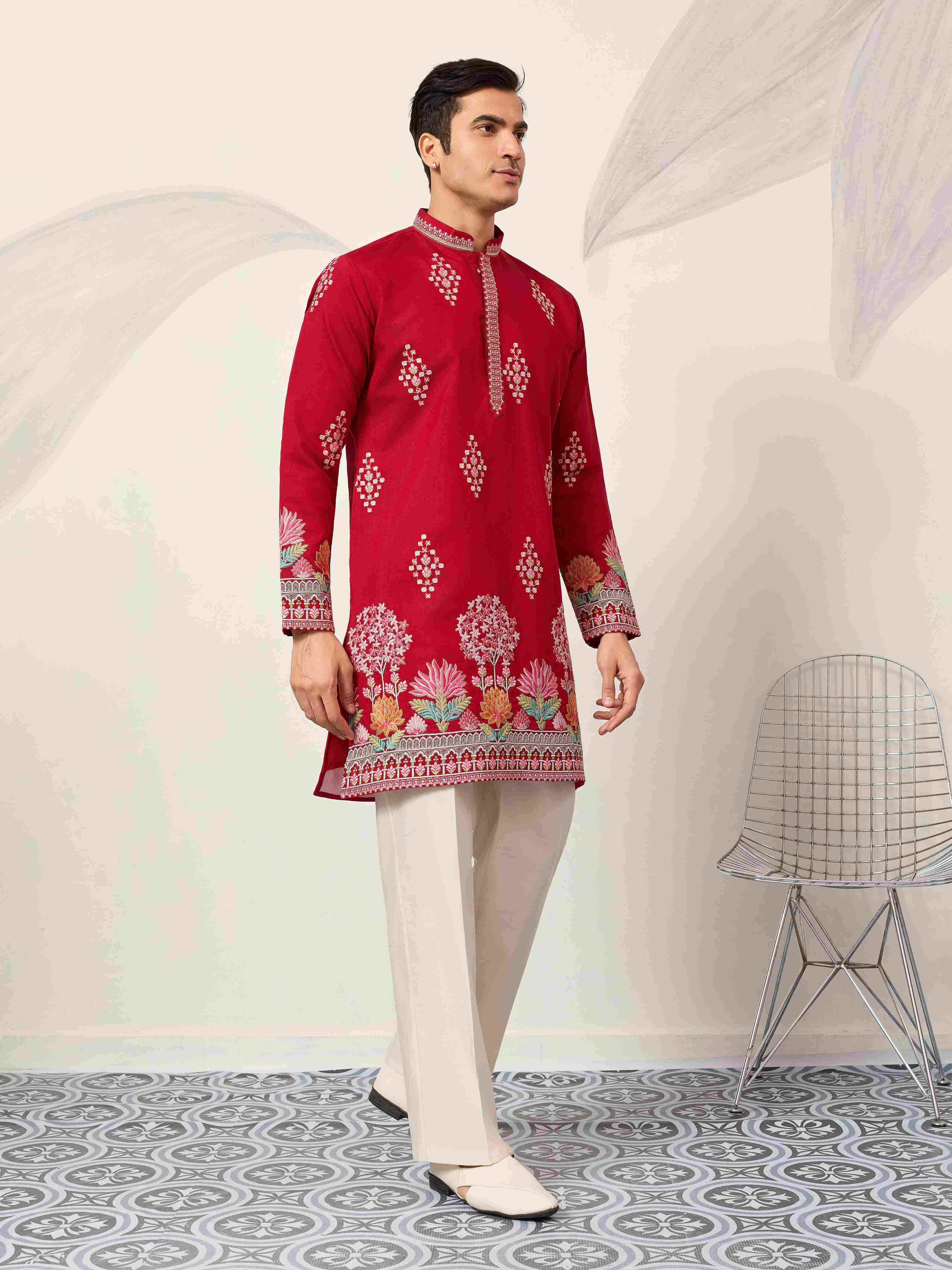 Unique Style Red Color Embroidered Kurta for Mens Wear