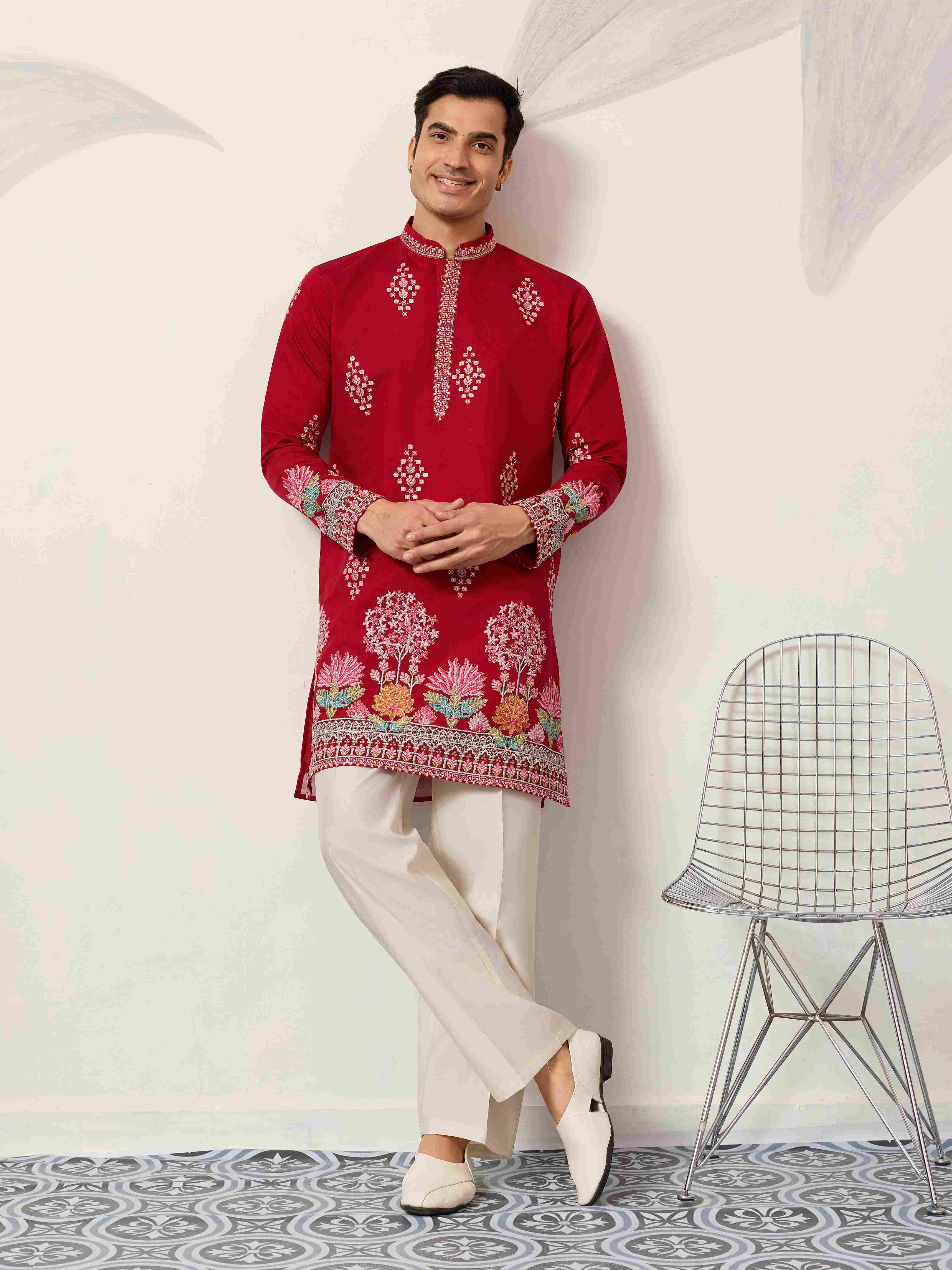 Unique Style Red Color Embroidered Kurta for Mens Wear