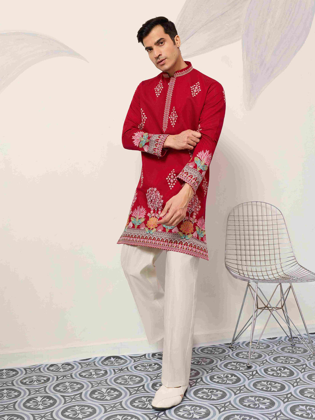 Unique Style Red Color Embroidered Kurta for Mens Wear
