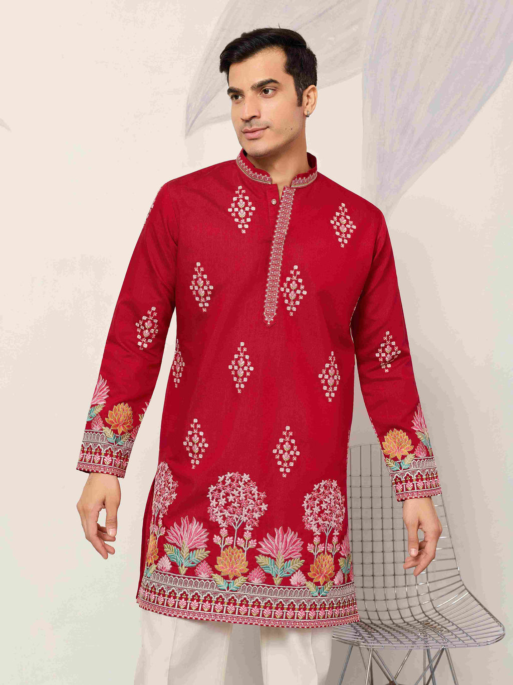 Unique Style Red Color Embroidered Kurta for Mens Wear