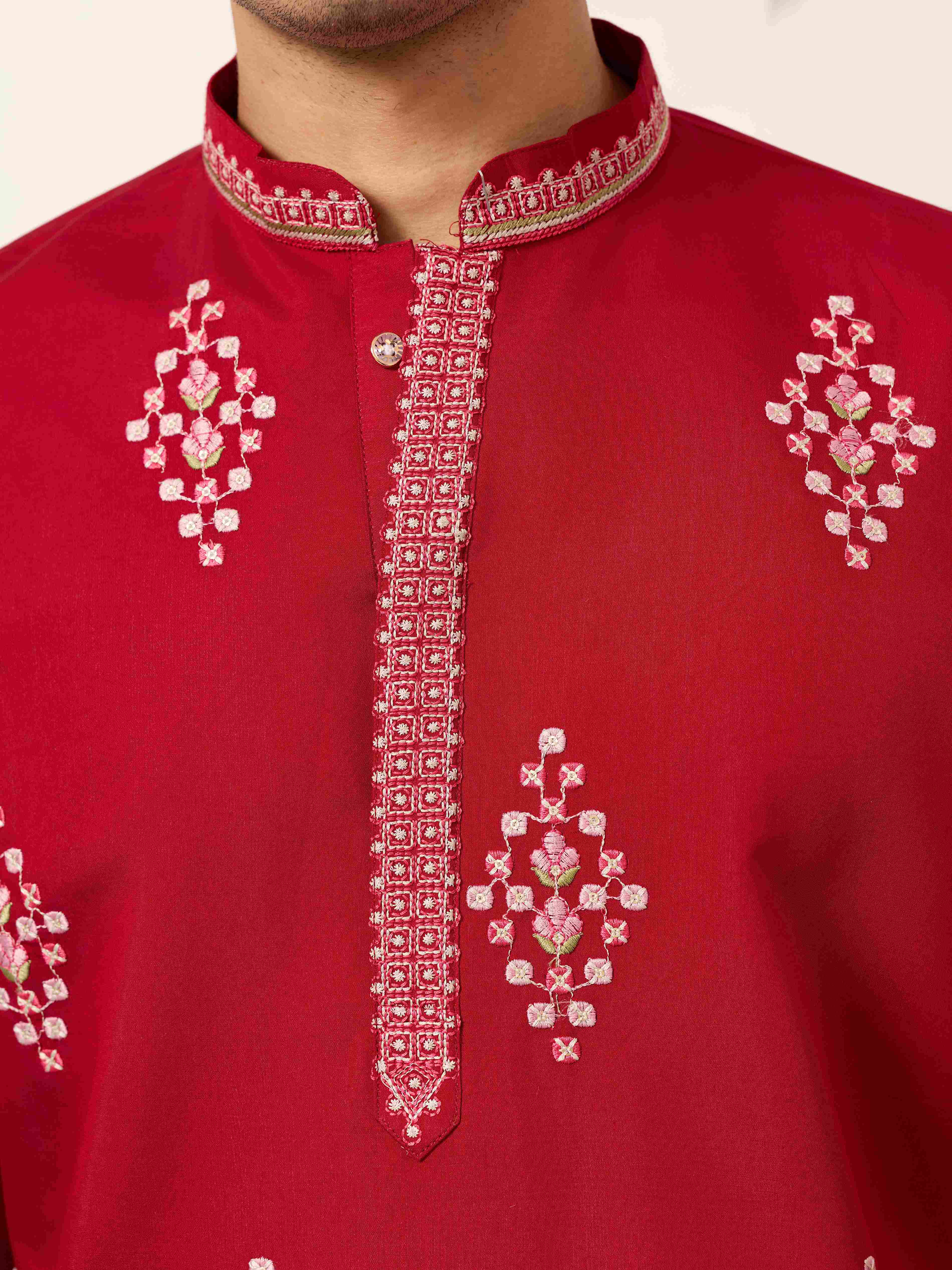Unique Style Red Color Embroidered Kurta for Mens Wear