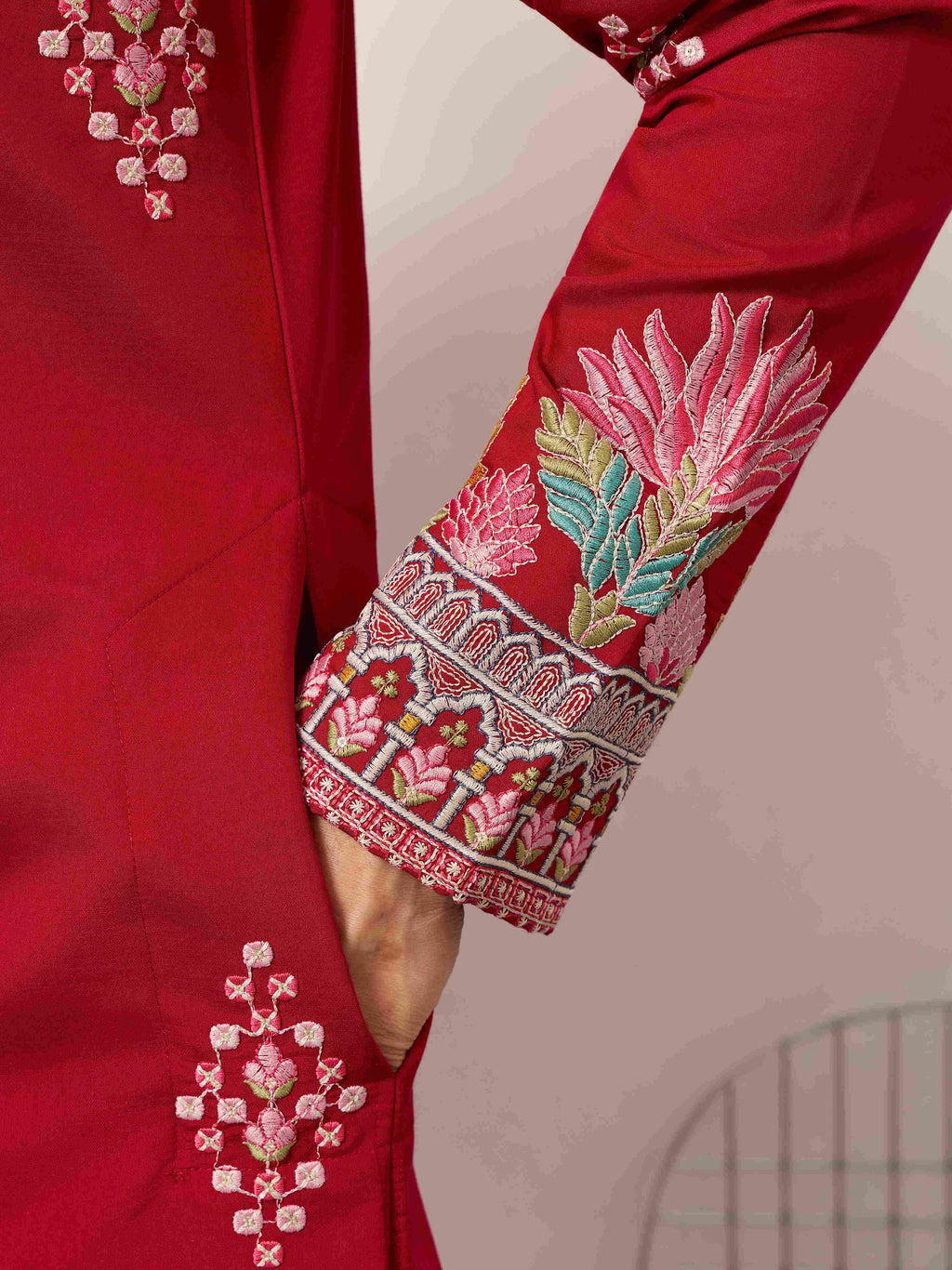Unique Style Red Color Embroidered Kurta for Mens Wear