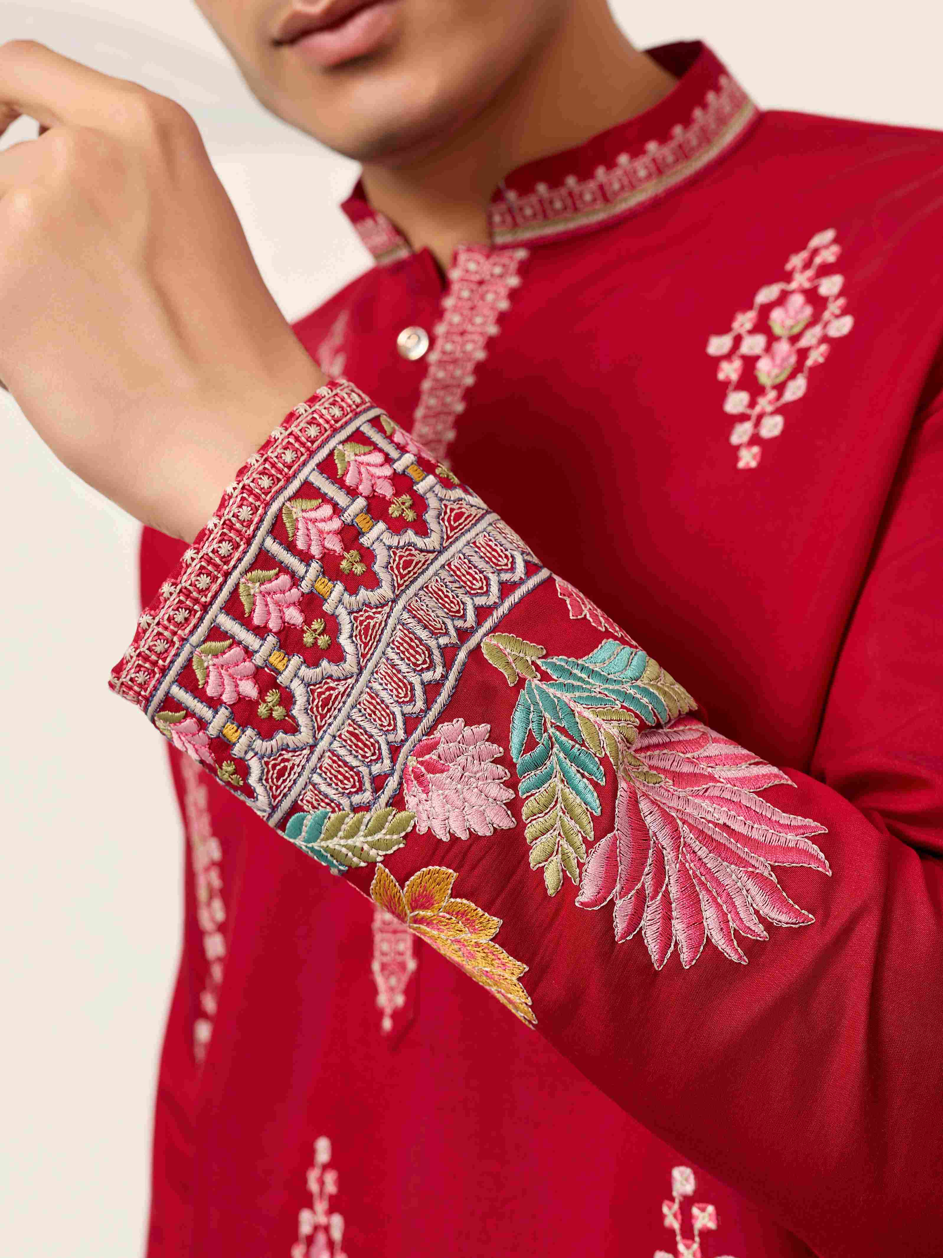Unique Style Red Color Embroidered Kurta for Mens Wear