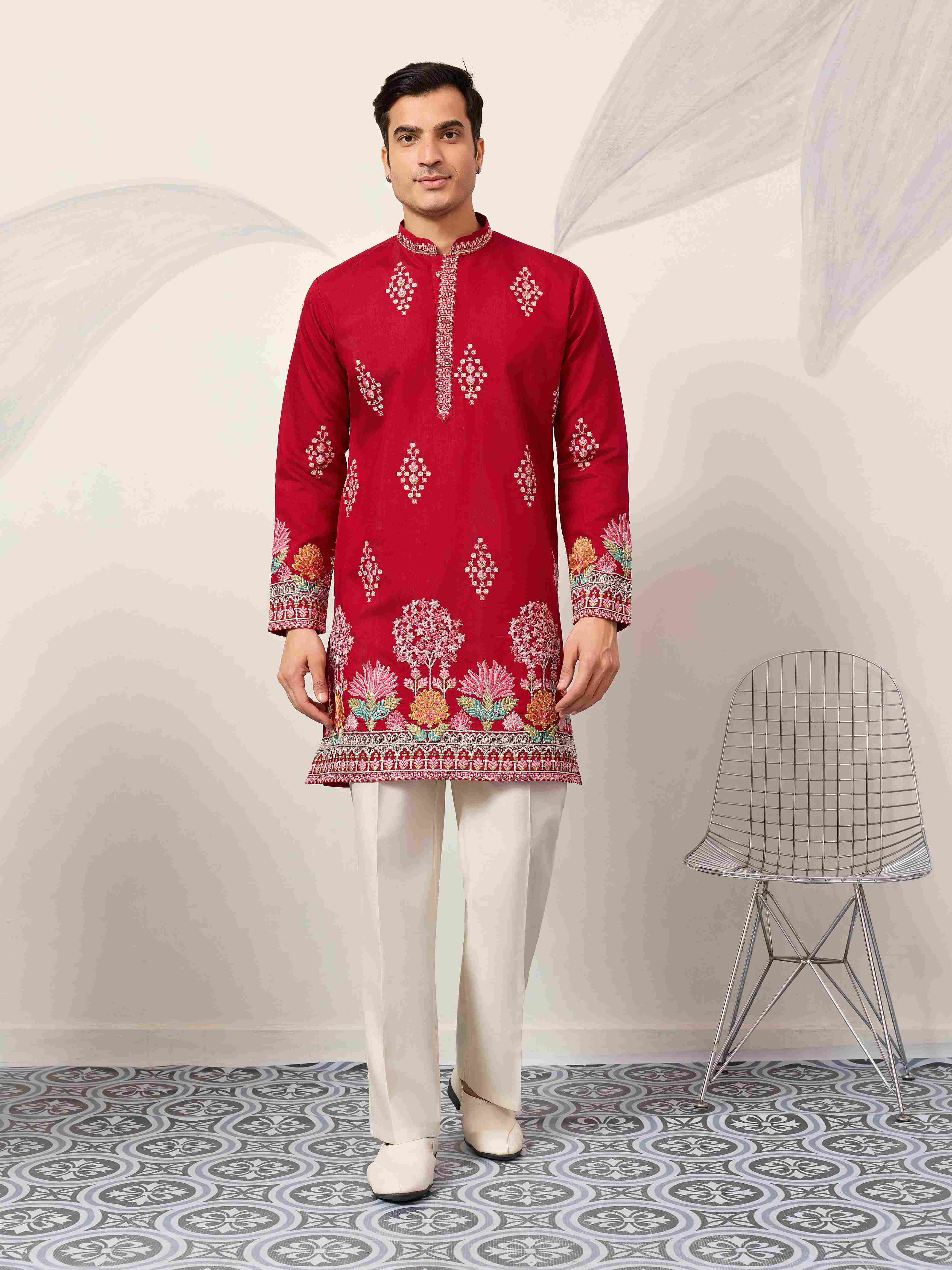 Unique Style Red Color Embroidered Kurta for Mens Wear