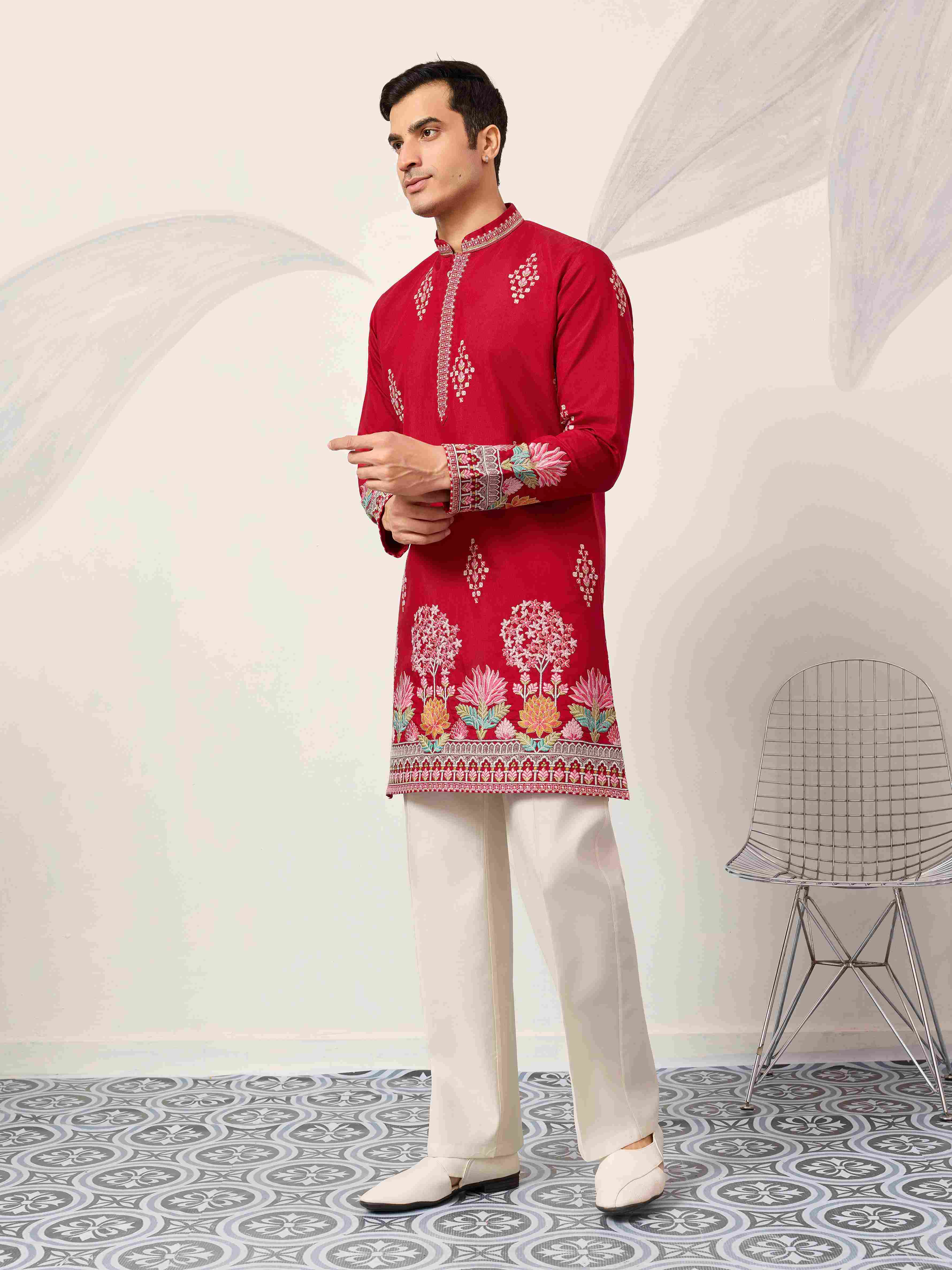 Unique Style Red Color Embroidered Kurta for Mens Wear