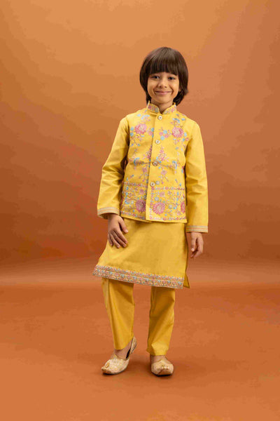 Haldi Celebration Kids Wear Yellow Kurta Pajama with Koti