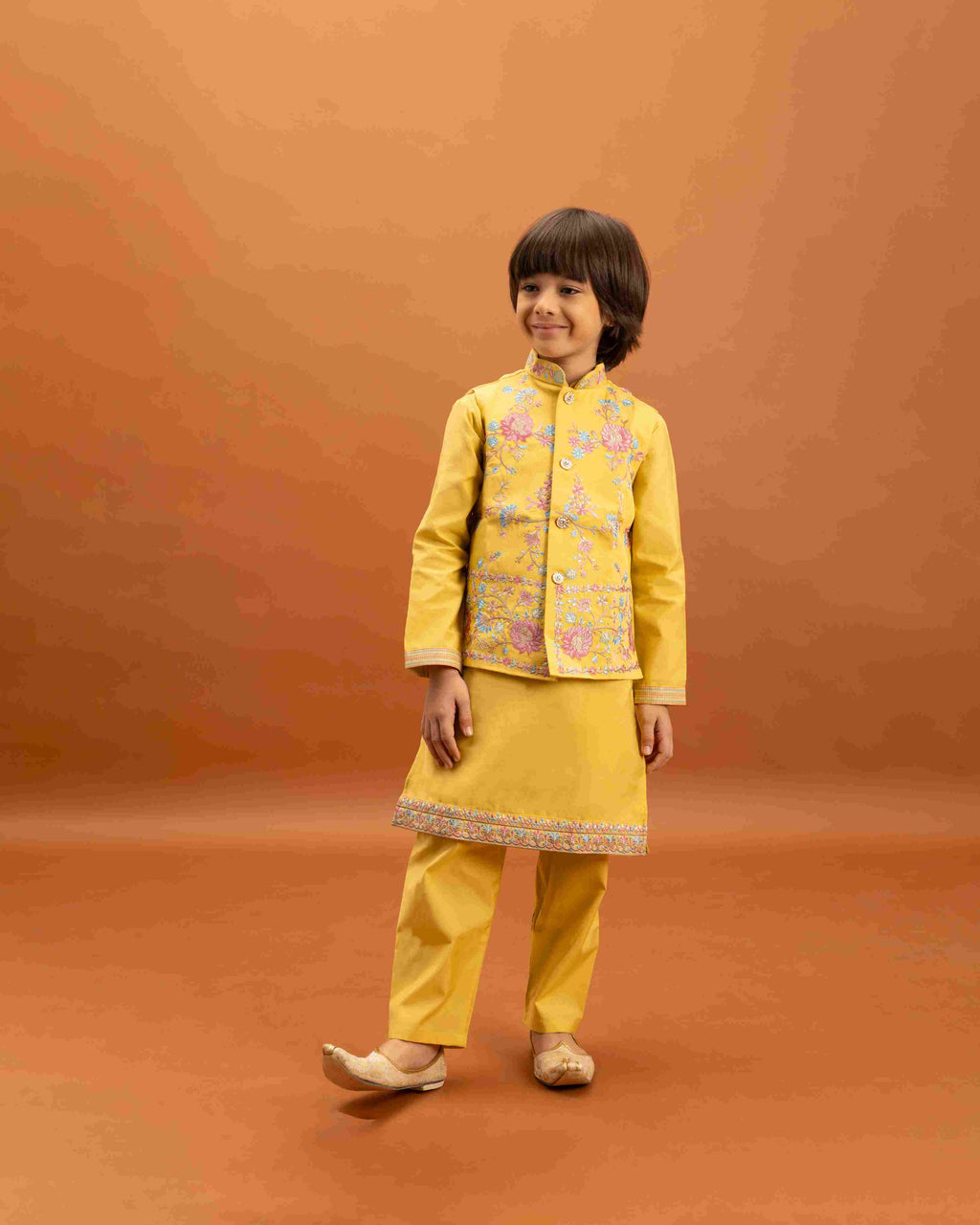 Haldi Celebration Kids Wear Yellow Kurta Pajama with Koti