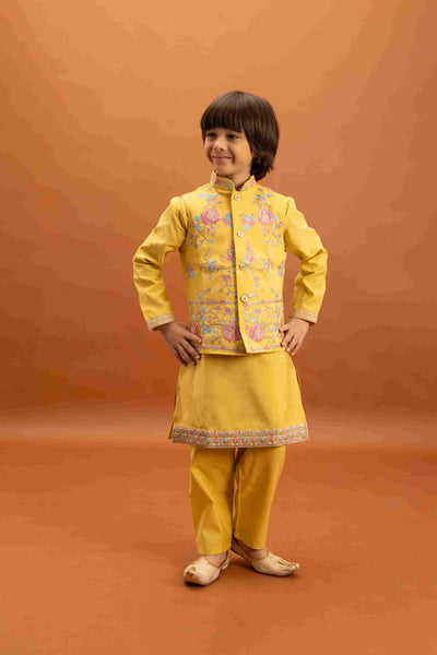 Haldi Celebration Kids Wear Yellow Kurta Pajama with Koti