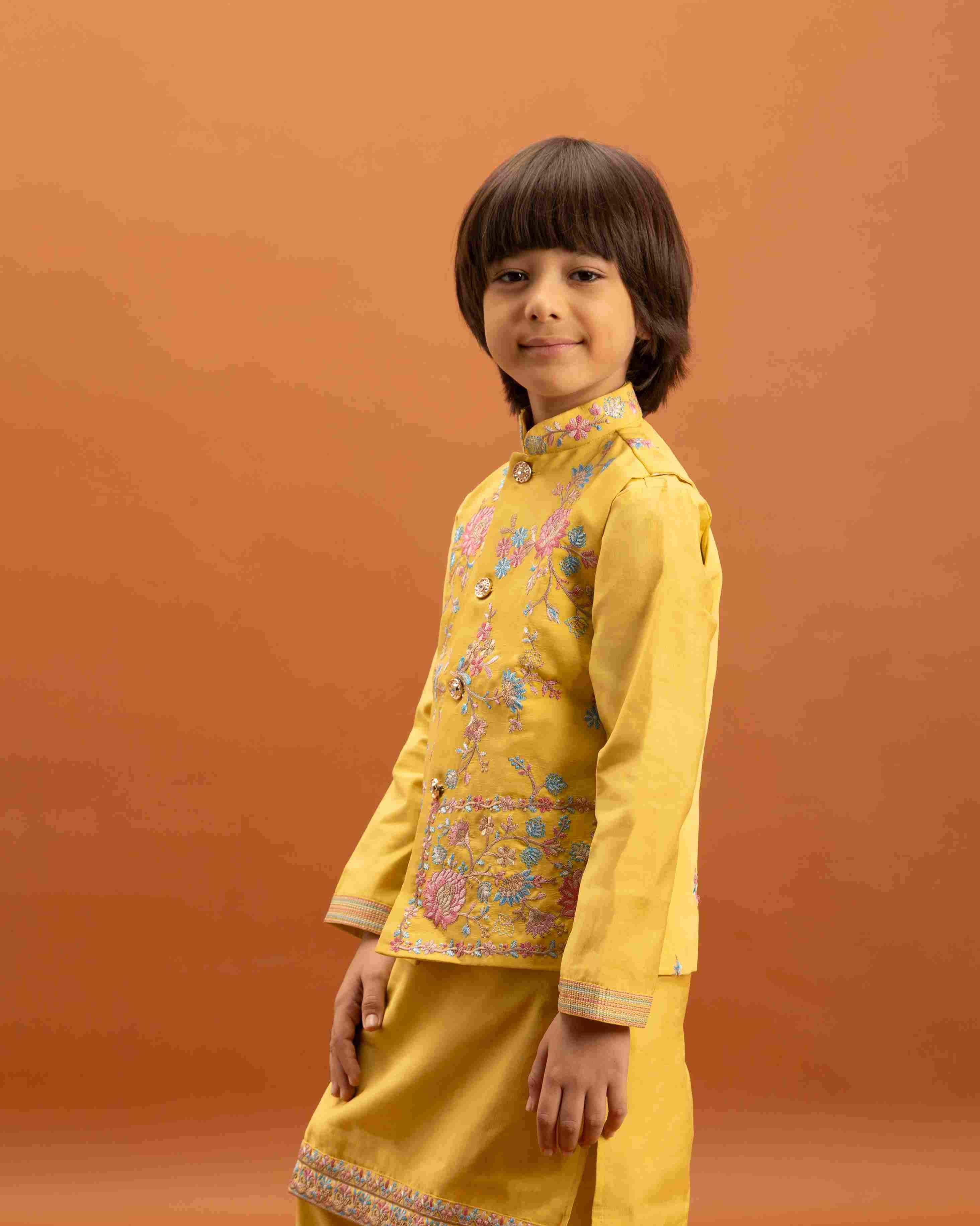 Haldi Celebration Kids Wear Yellow Kurta Pajama with Koti
