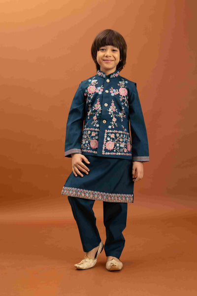 Bottle Green Kids Kurta Pajama with Koti Set