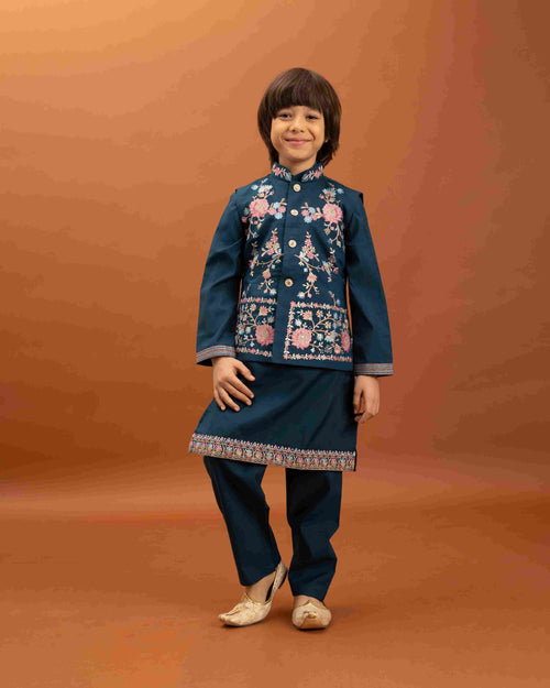 Bottle Green Kids Kurta Pajama with Koti Set
