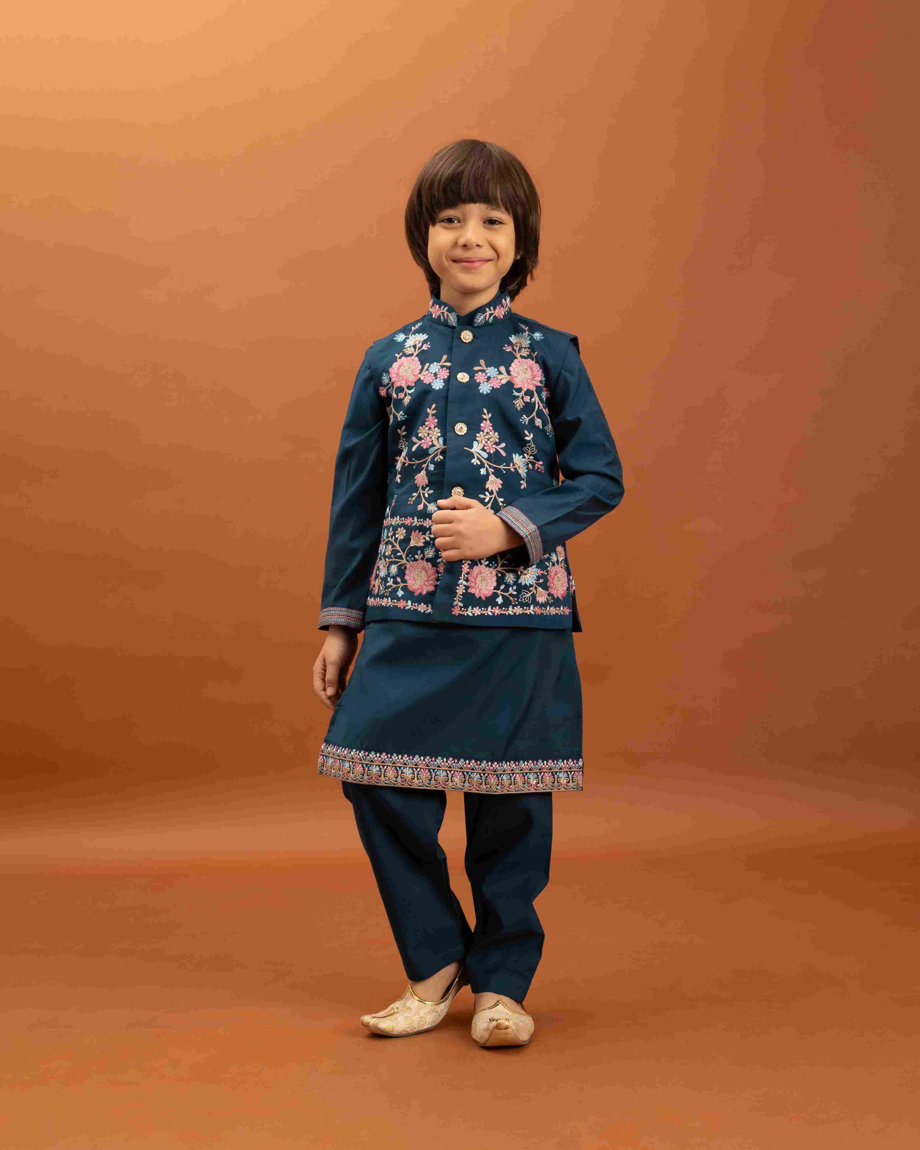 Bottle Green Kids Kurta Pajama with Koti Set