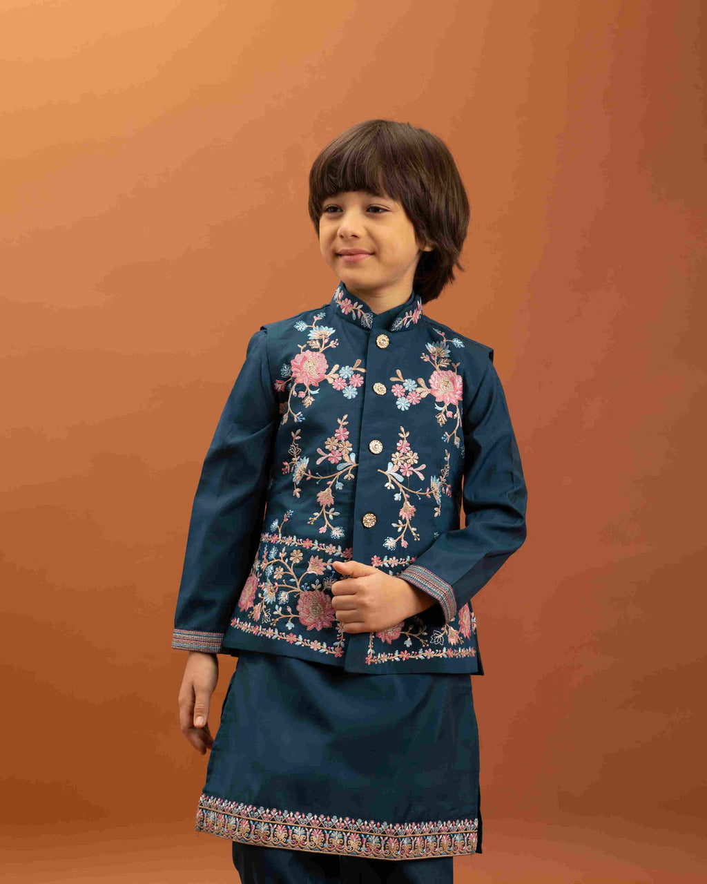 Bottle Green Kids Kurta Pajama with Koti Set