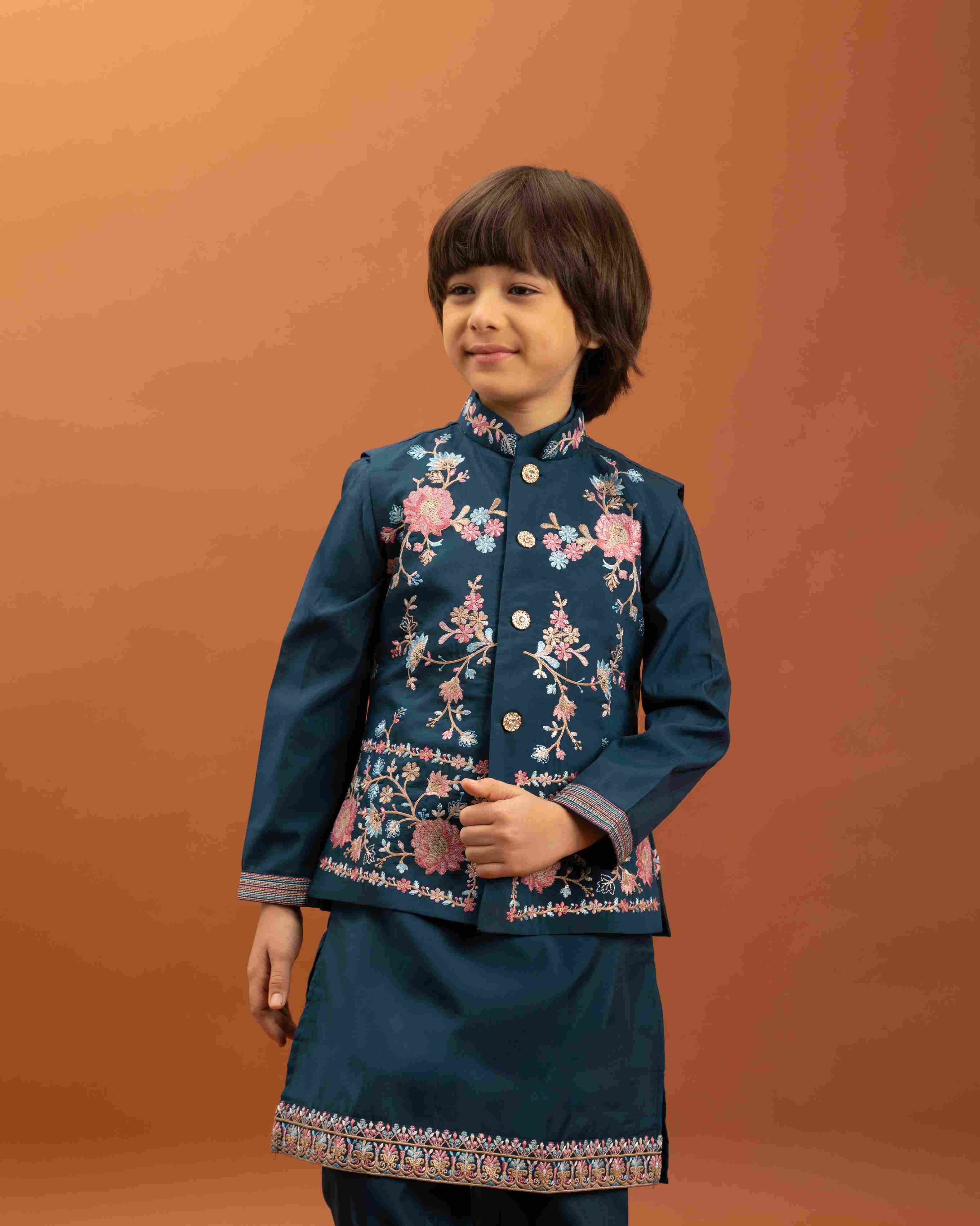 Bottle Green Kids Kurta Pajama with Koti Set