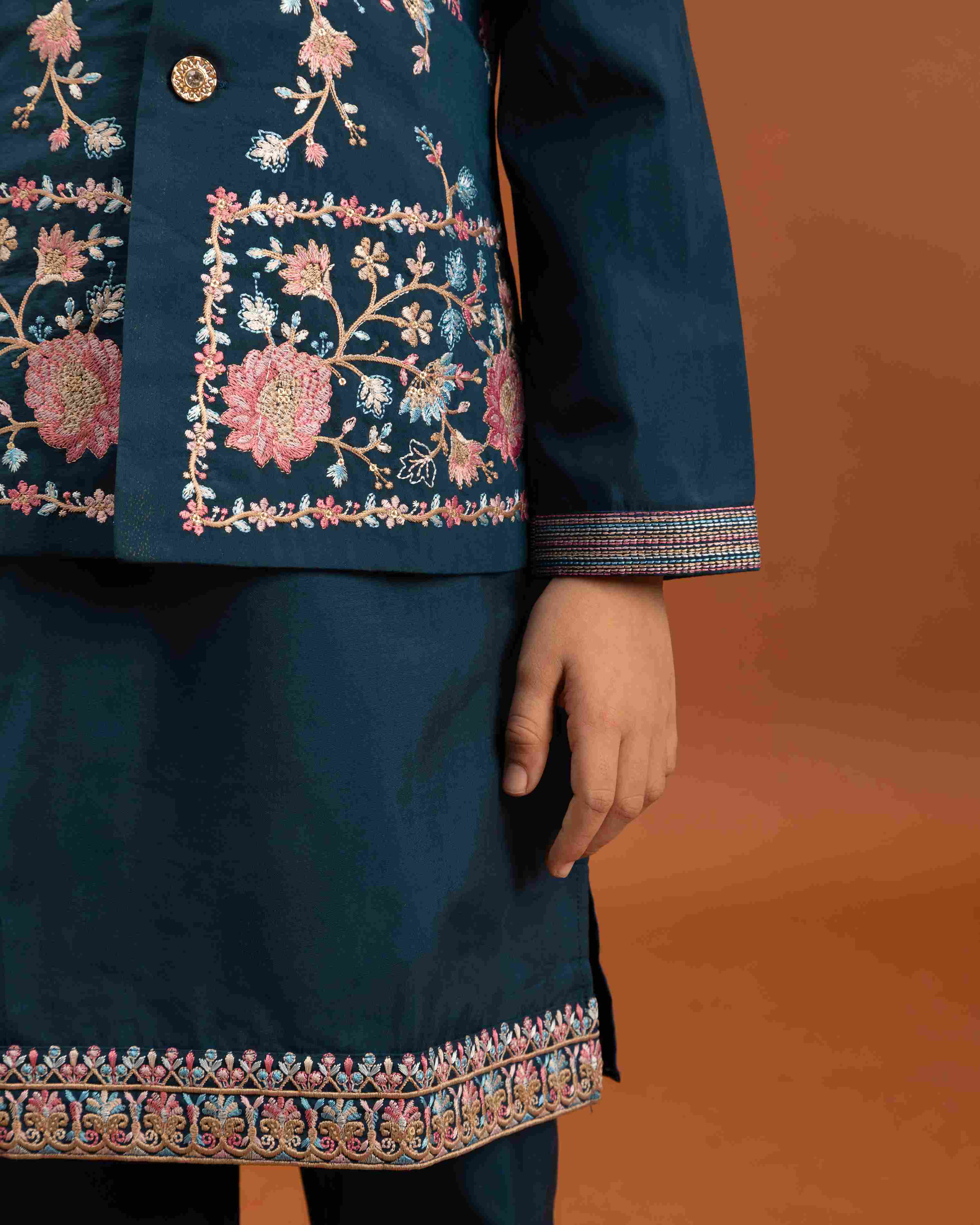 Bottle Green Kids Kurta Pajama with Koti Set