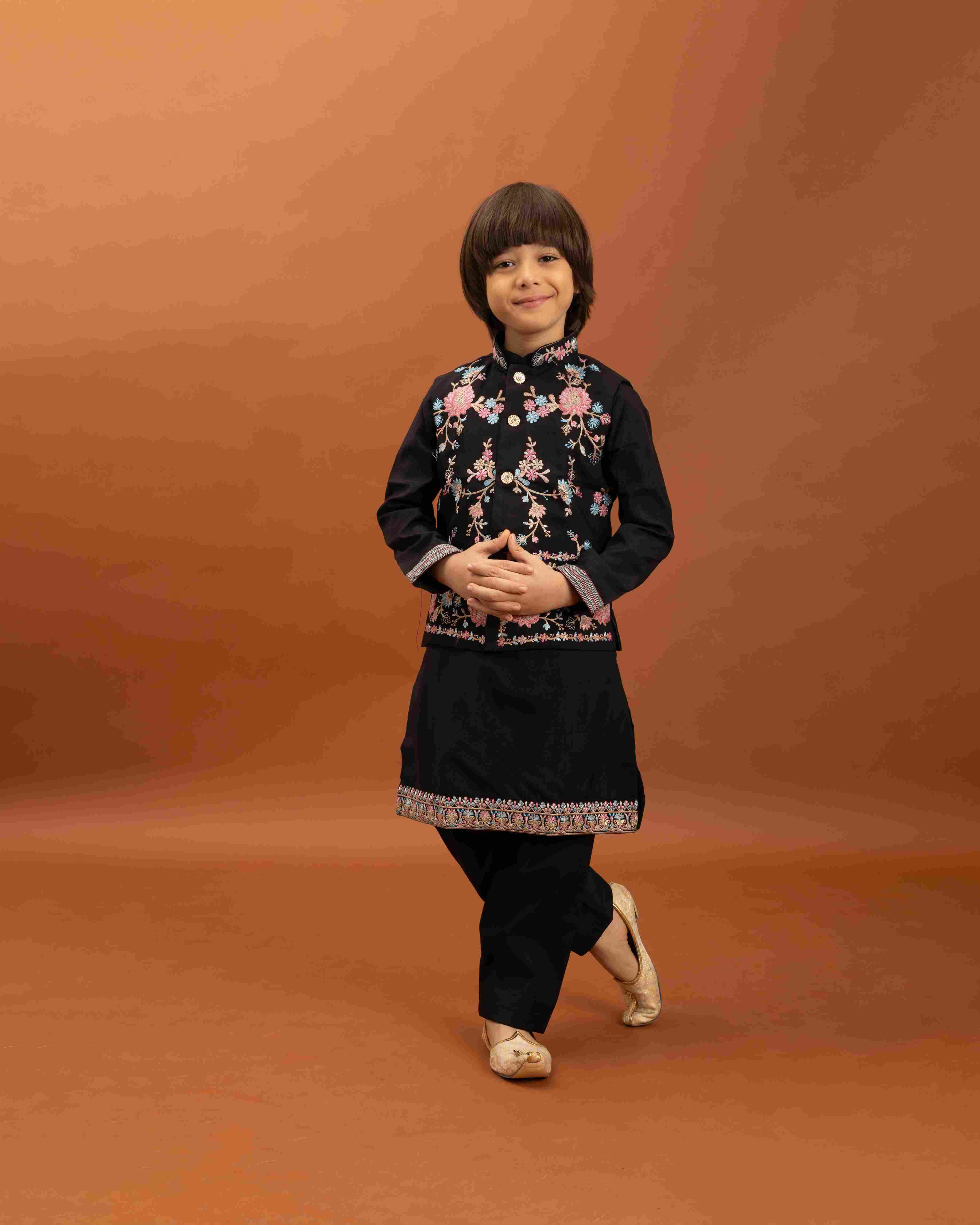 Royal Black Color Koti Kurta Pajama for Little Boys