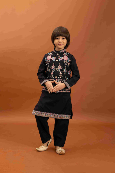 Royal Black Color Koti Kurta Pajama for Little Boys