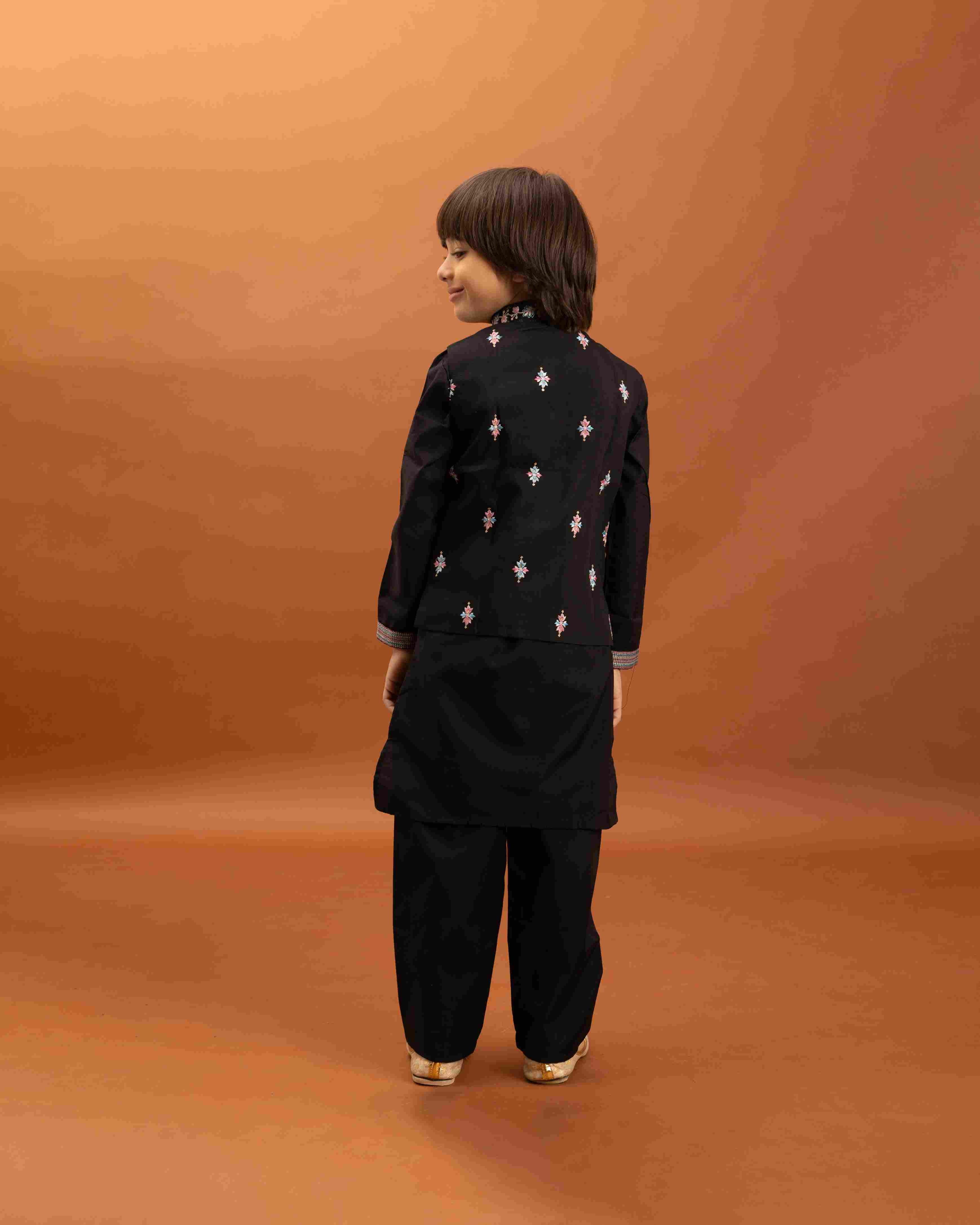 Royal Black Color Koti Kurta Pajama for Little Boys