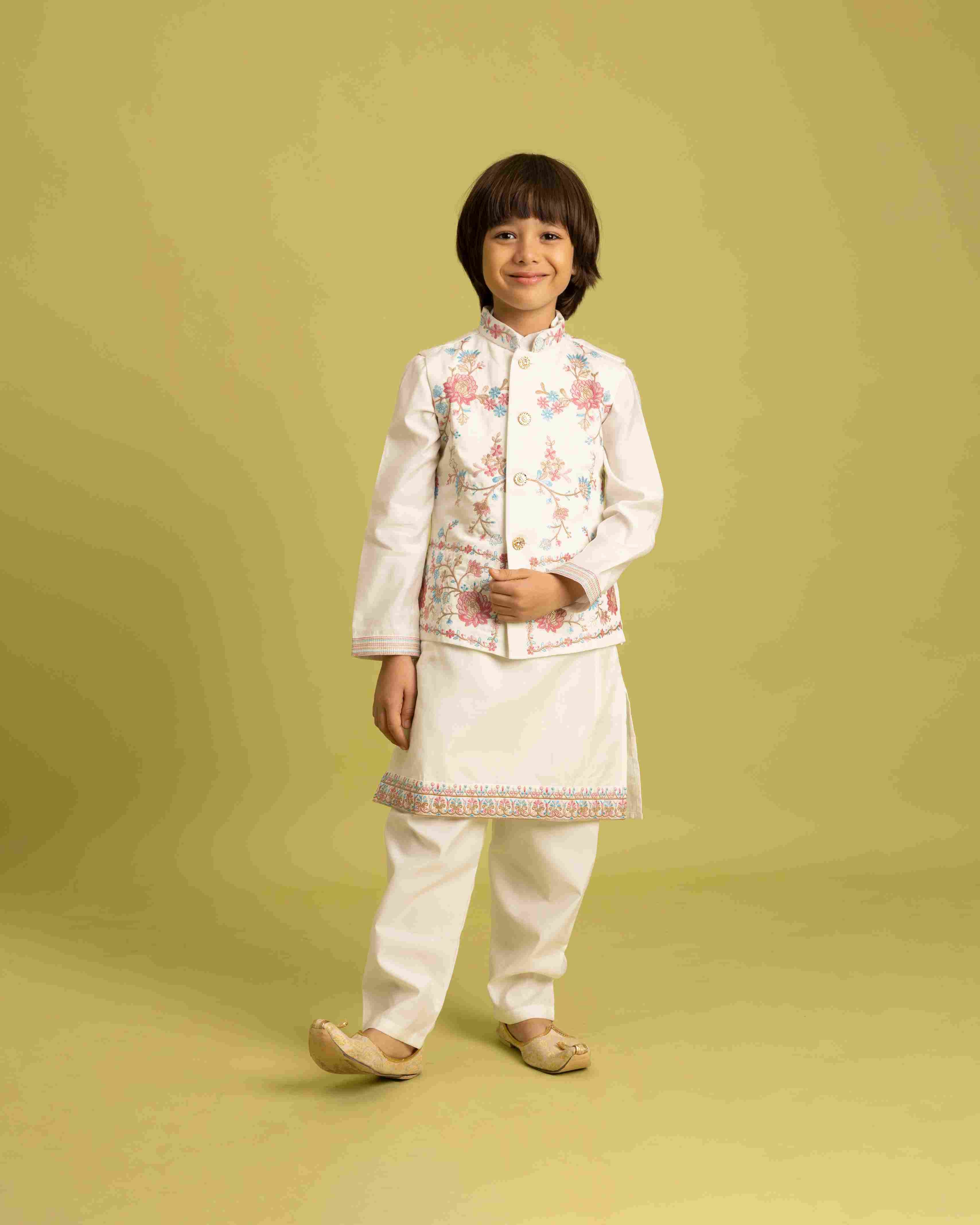Traditional Wear White Koti Kurta Pajama for Boys Wear