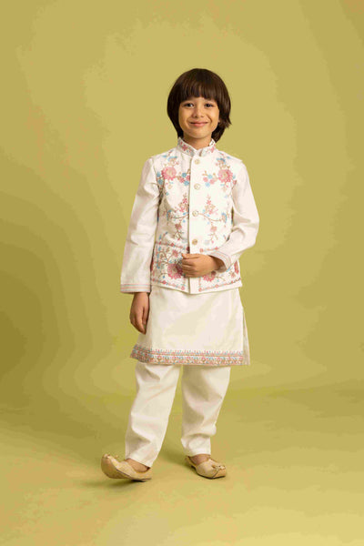 Traditional Wear White Koti Kurta Pajama for Boys Wear