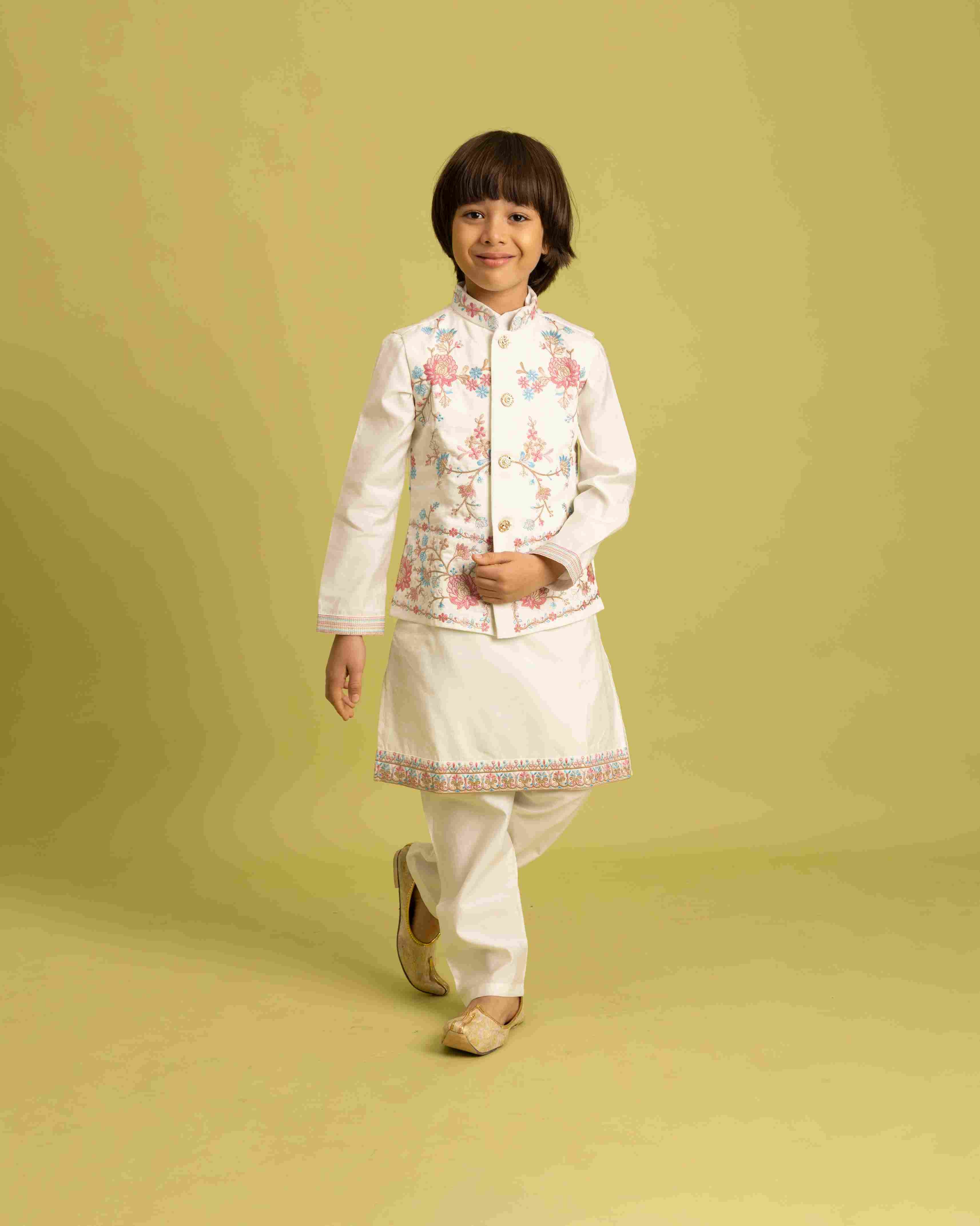 Traditional Wear White Koti Kurta Pajama for Boys Wear