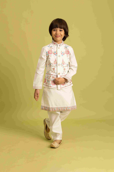 Traditional Wear White Koti Kurta Pajama for Boys Wear