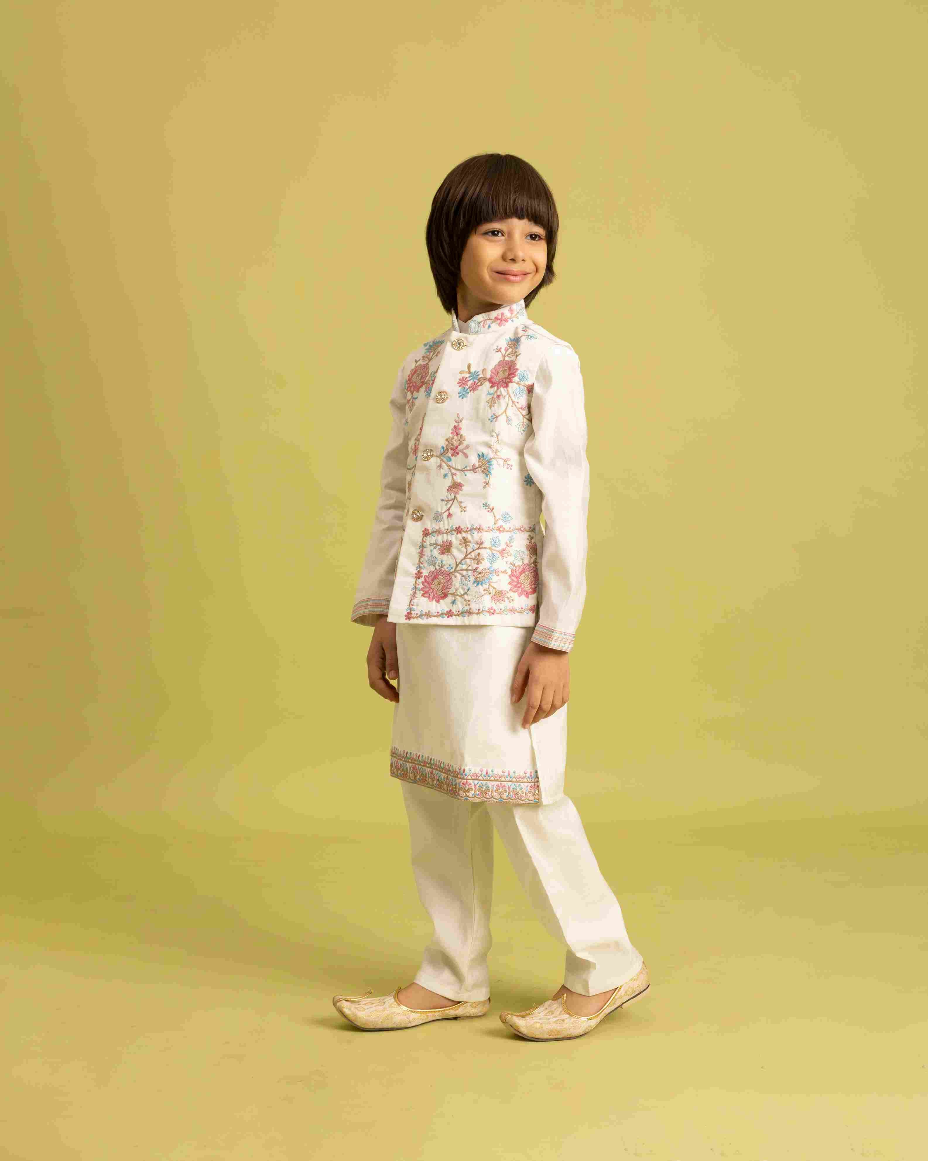 Traditional Wear White Koti Kurta Pajama for Boys Wear