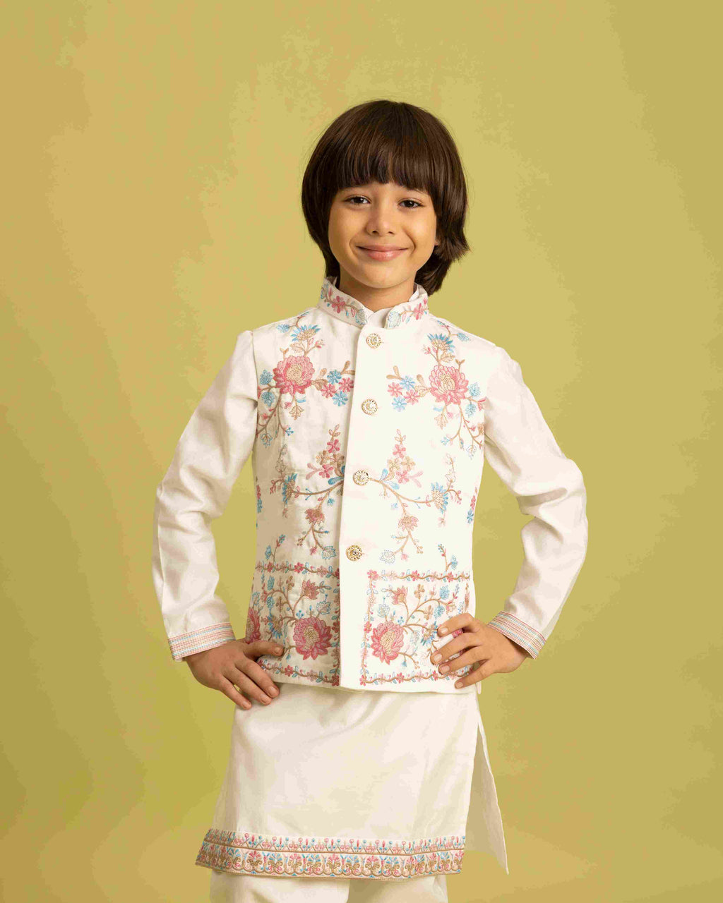 Traditional Wear White Koti Kurta Pajama for Boys Wear