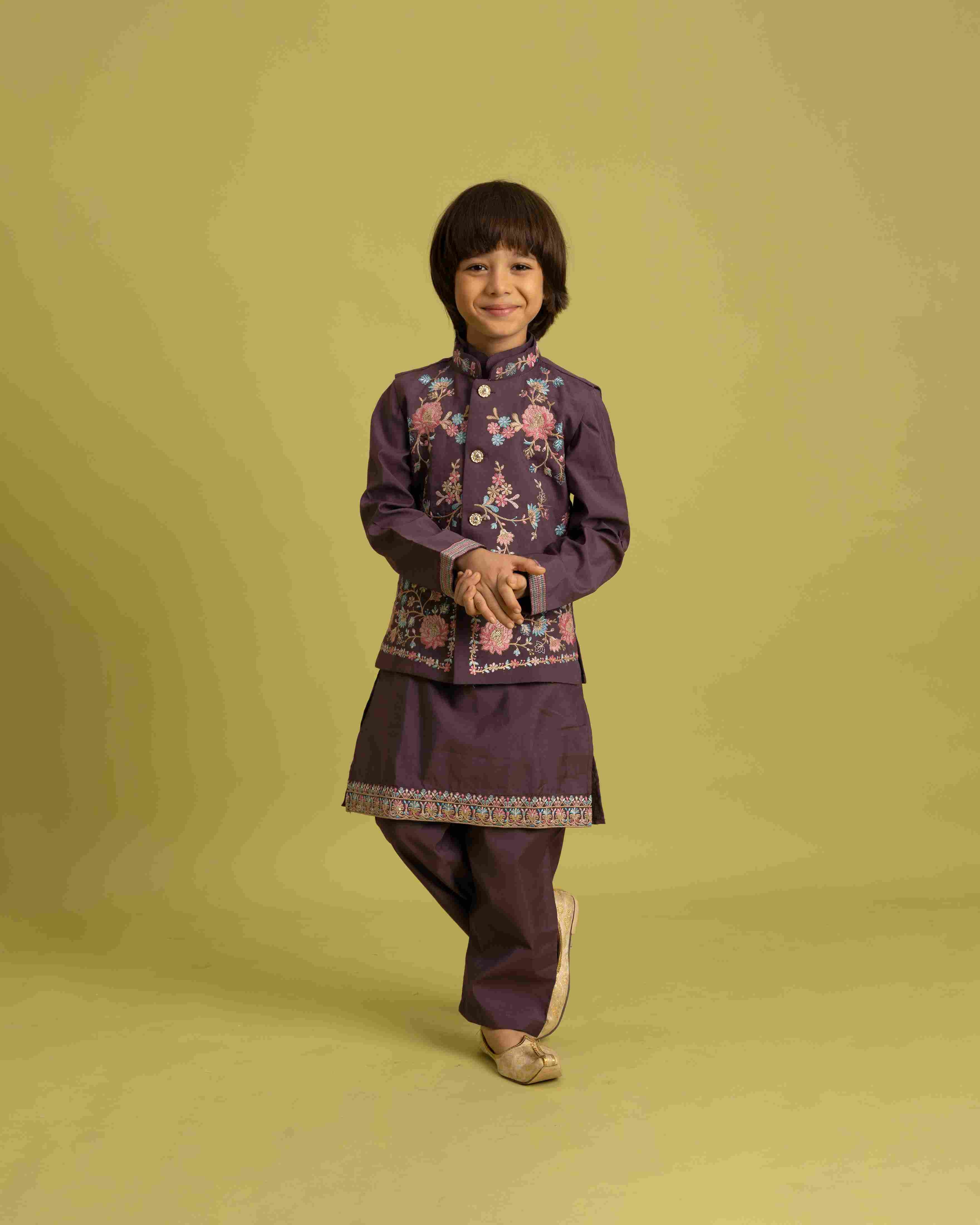 Premium Purple Kids Koti Kurta Pajama Set for Wedding Style