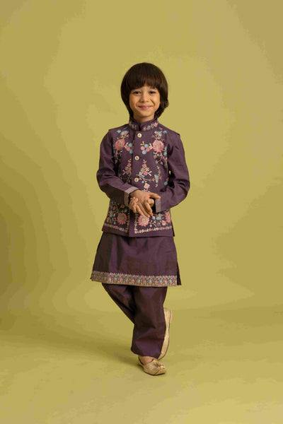 Premium Purple Kids Koti Kurta Pajama Set for Wedding Style