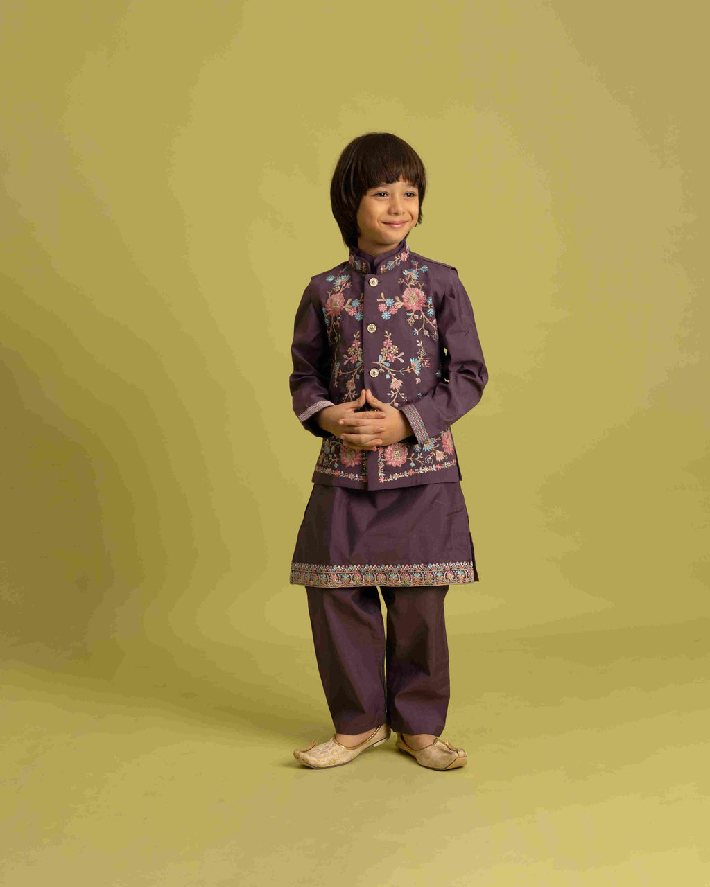 Premium Purple Kids Koti Kurta Pajama Set for Wedding Style