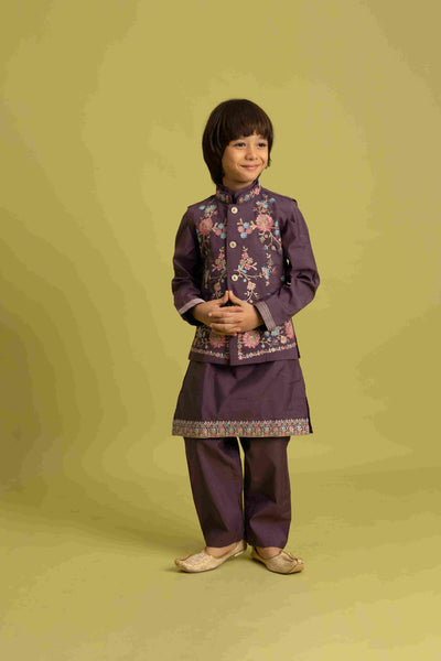 Premium Purple Kids Koti Kurta Pajama Set for Wedding Style