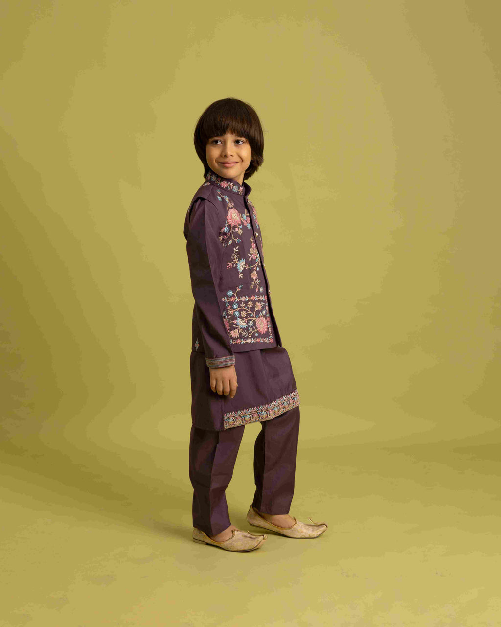 Premium Purple Kids Koti Kurta Pajama Set for Wedding Style