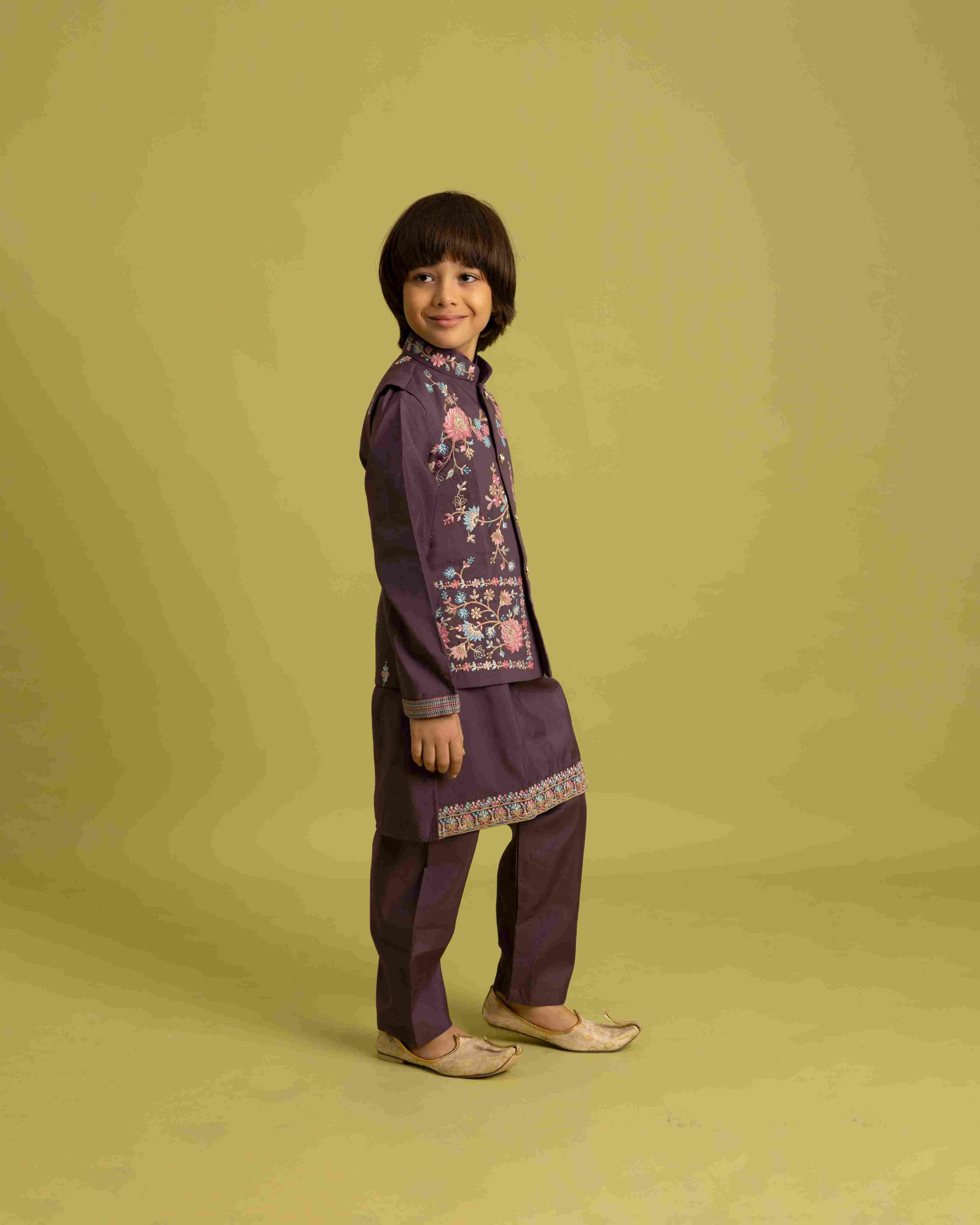 Premium Purple Kids Koti Kurta Pajama Set for Wedding Style