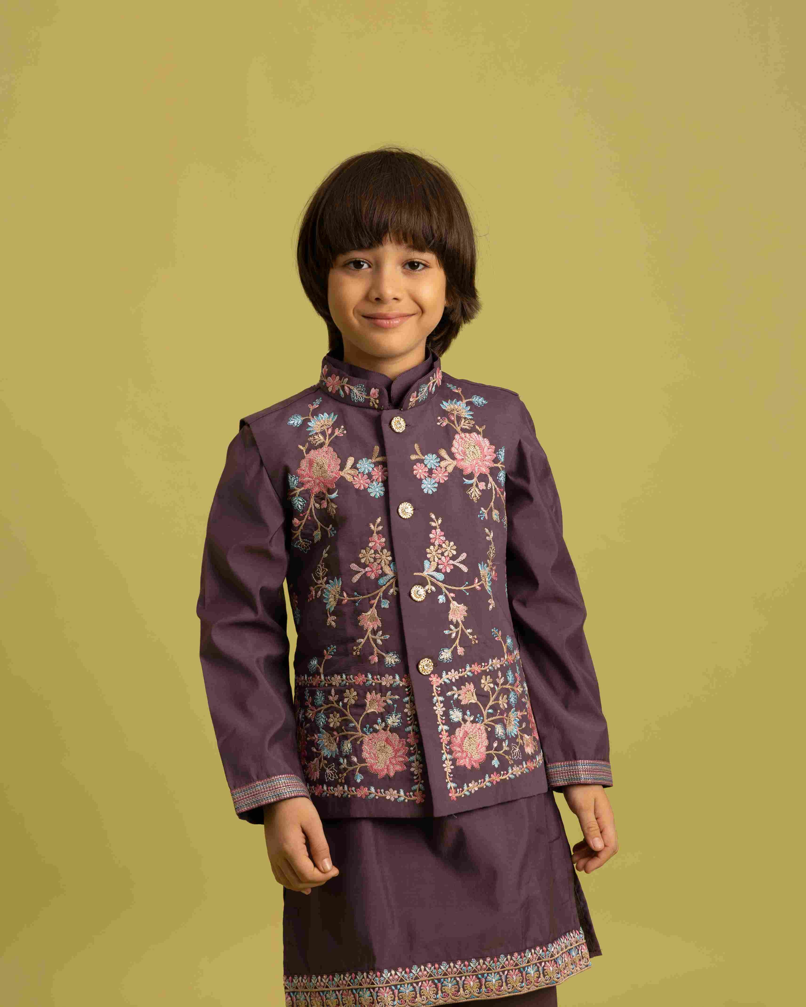 Premium Purple Kids Koti Kurta Pajama Set for Wedding Style