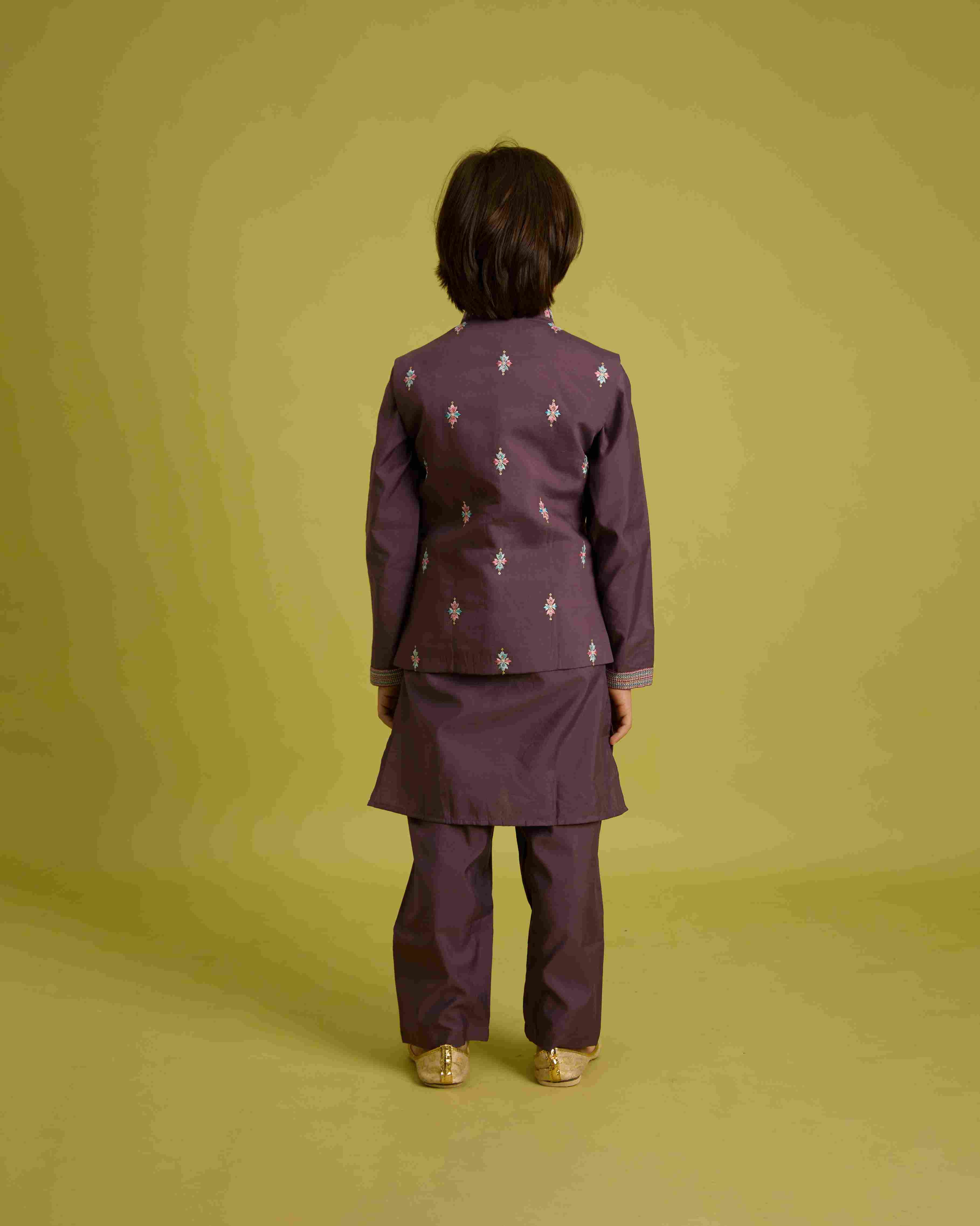 Premium Purple Kids Koti Kurta Pajama Set for Wedding Style