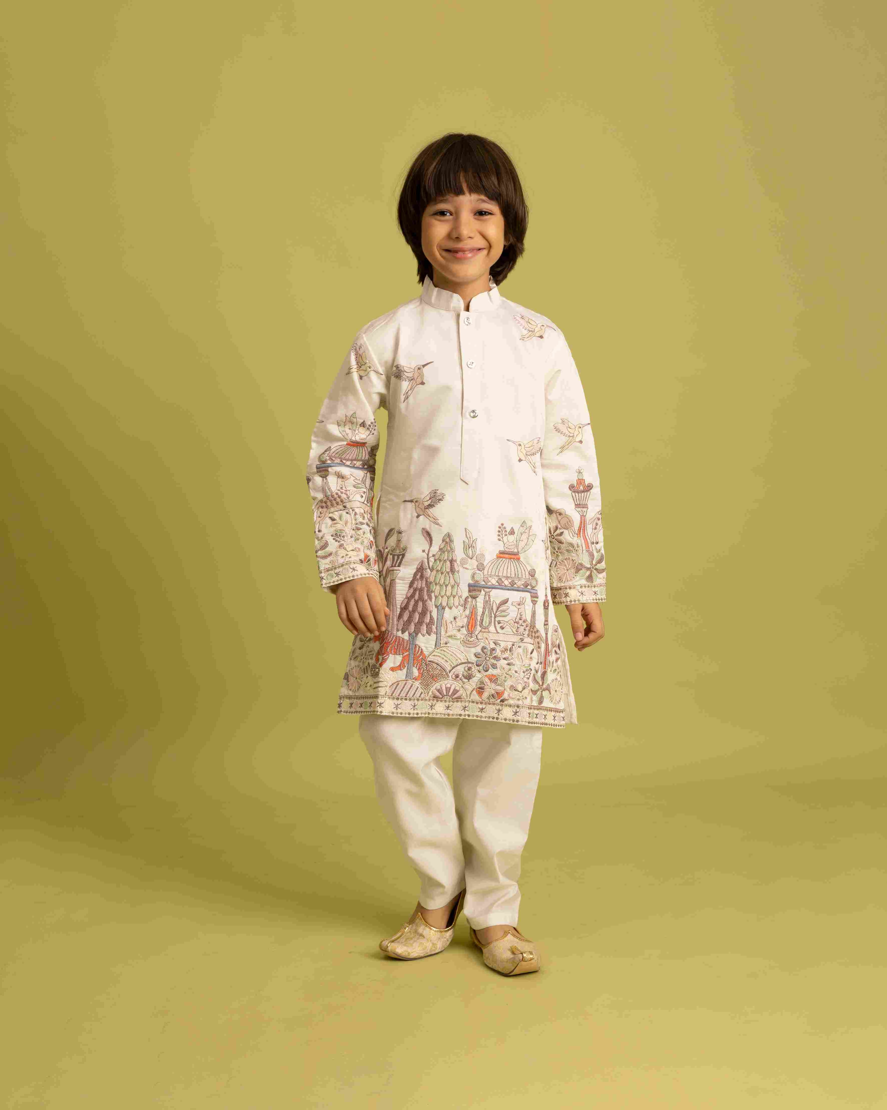 Vantara Designer Kids White Embroidered Kurta