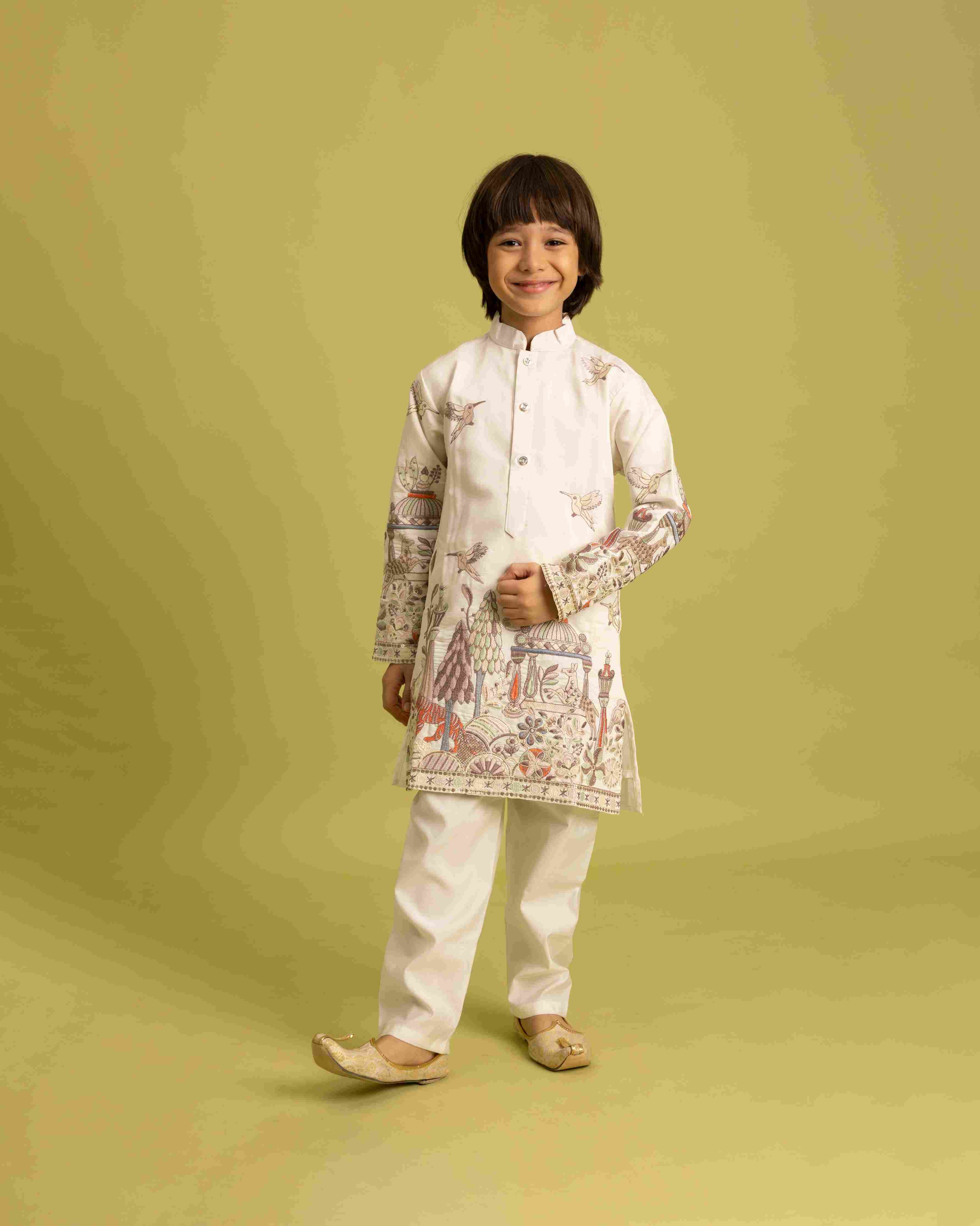 Vantara Designer Kids White Embroidered Kurta