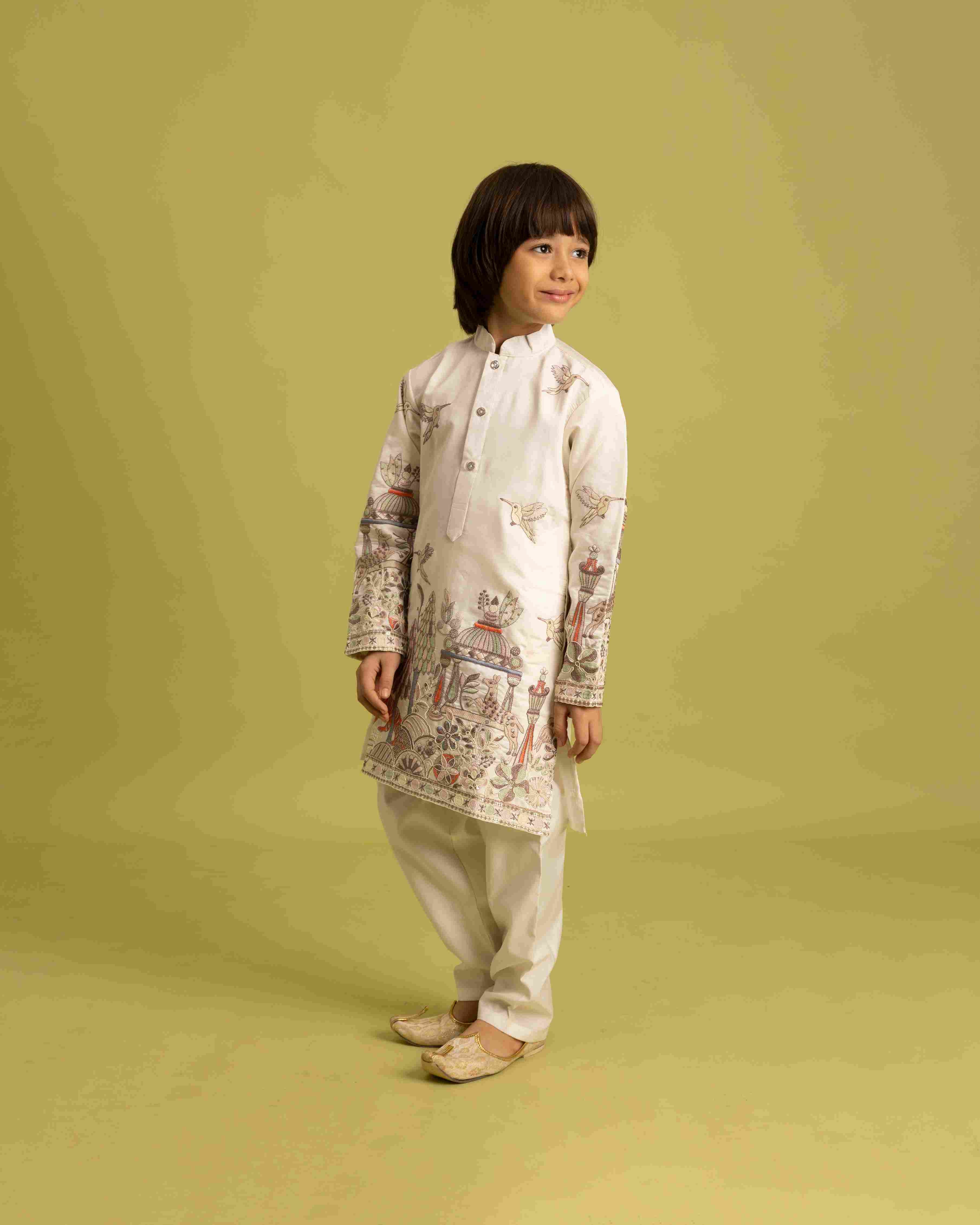 Vantara Designer Kids White Embroidered Kurta