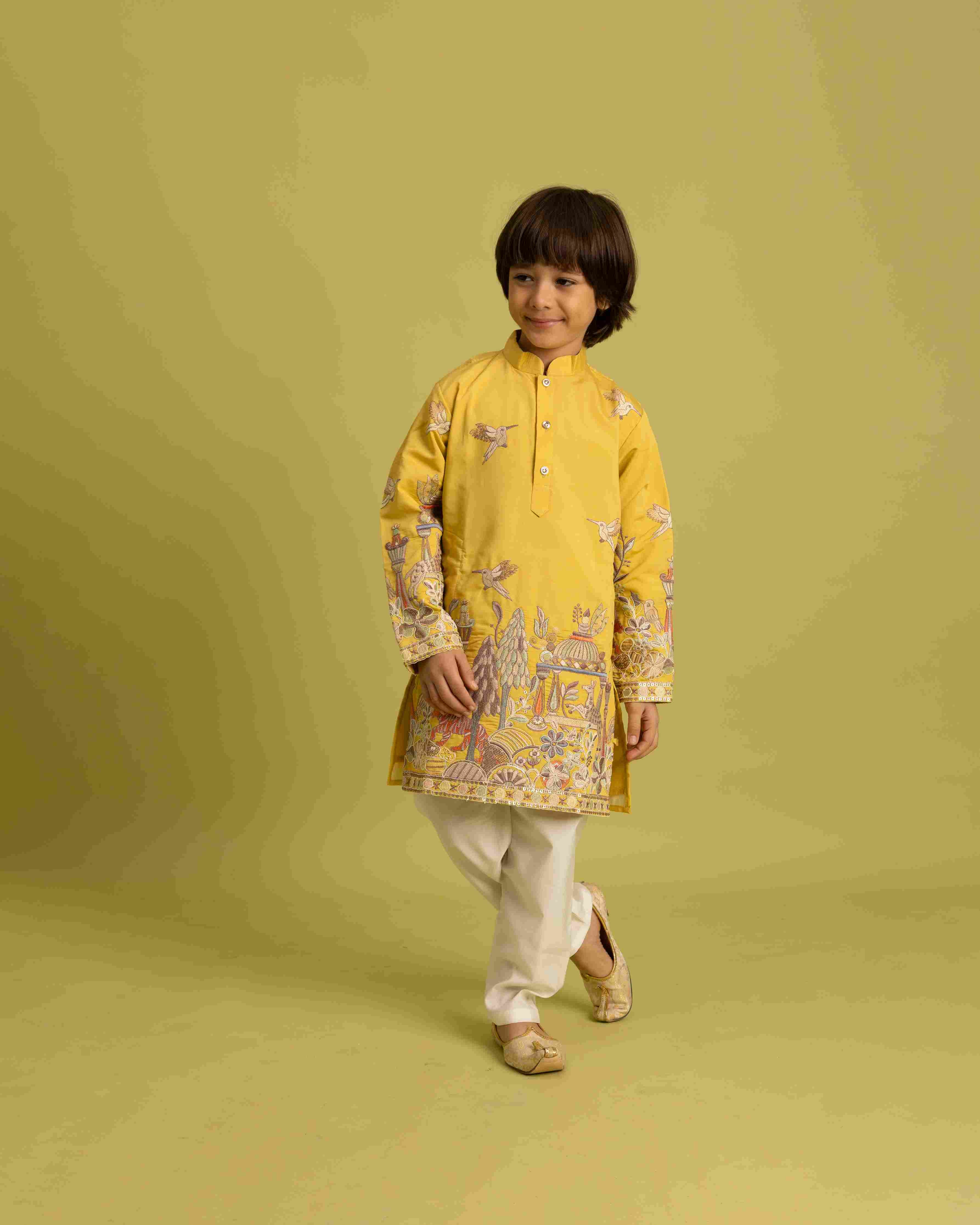 Vantara Style Yellow Kids Kurta Pajama Outfit