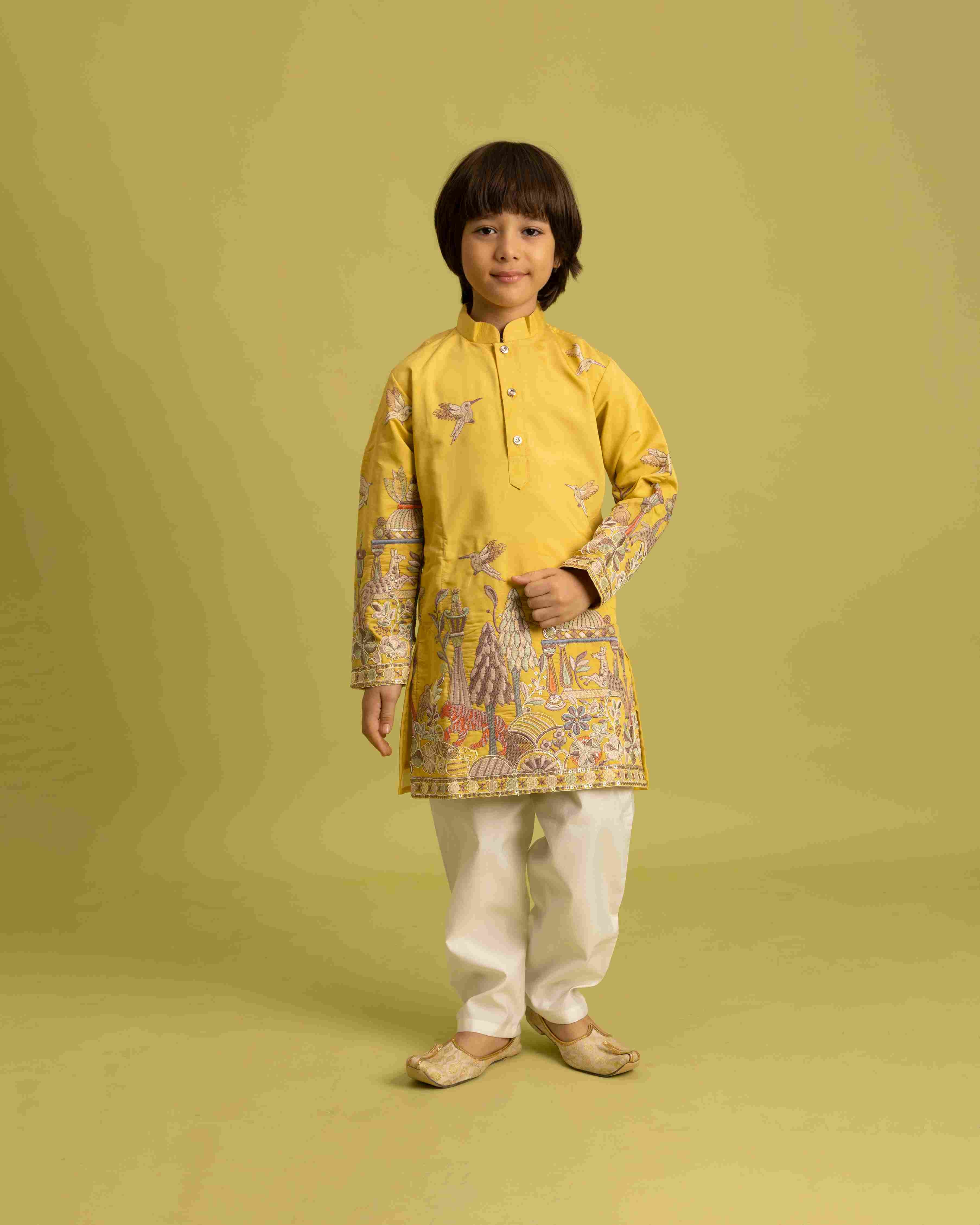 Vantara Style Yellow Kids Kurta Pajama Outfit