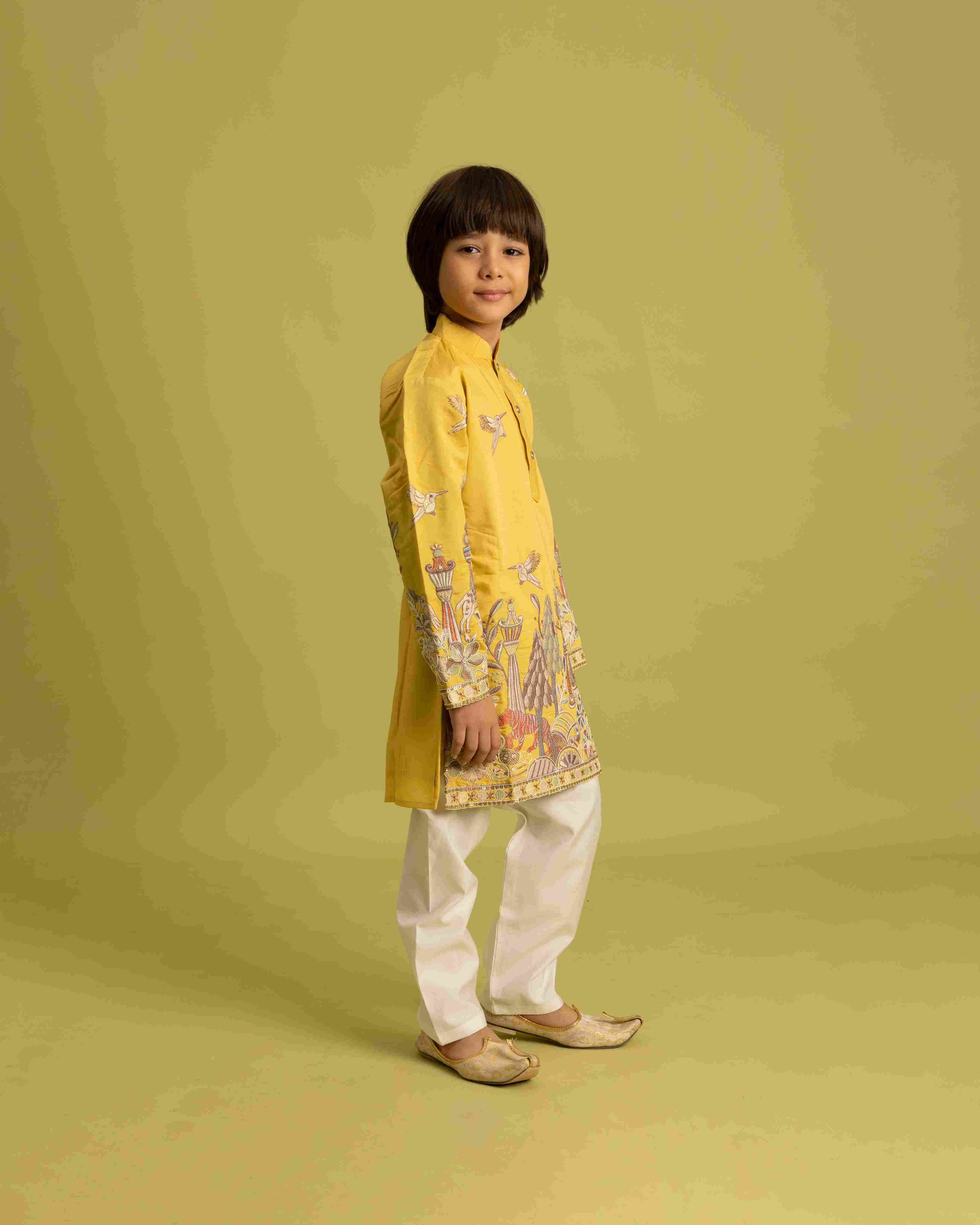 Vantara Style Yellow Kids Kurta Pajama Outfit