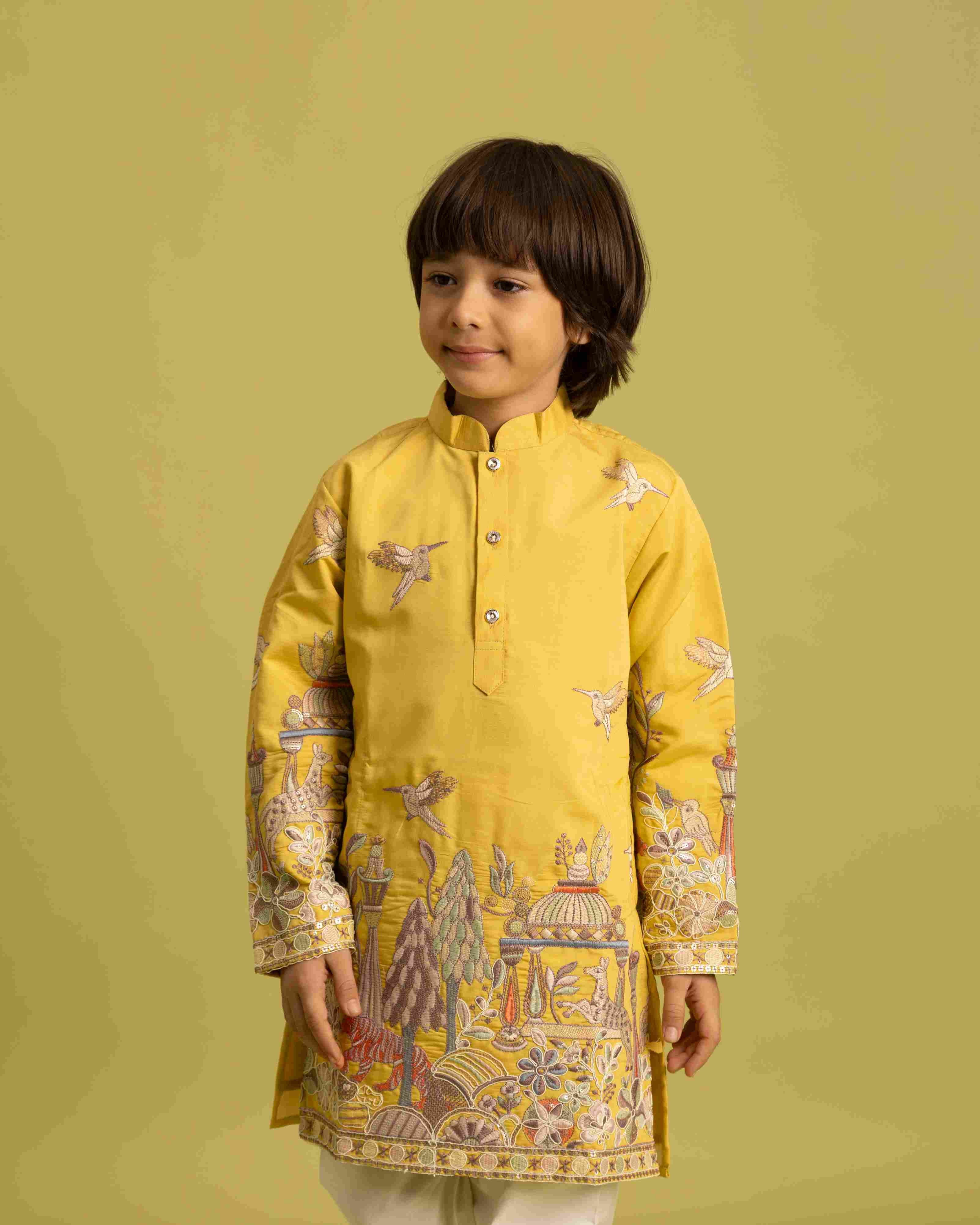Vantara Style Yellow Kids Kurta Pajama Outfit